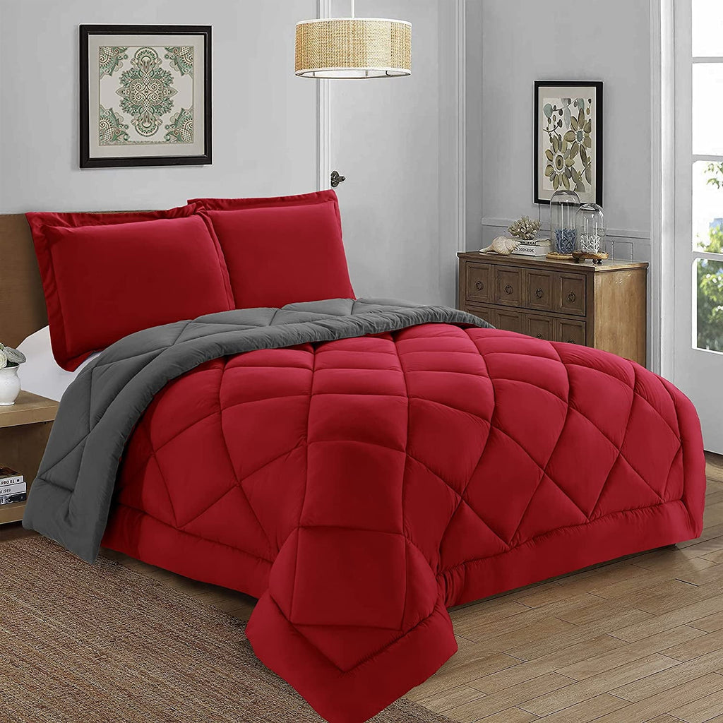 All-Season Reversible 3pc Comforter Set- Available In A Few Sizes And Colors , Full/Queen, Red/Gray - Luxurious Quilted Duvet Cover Set Detail