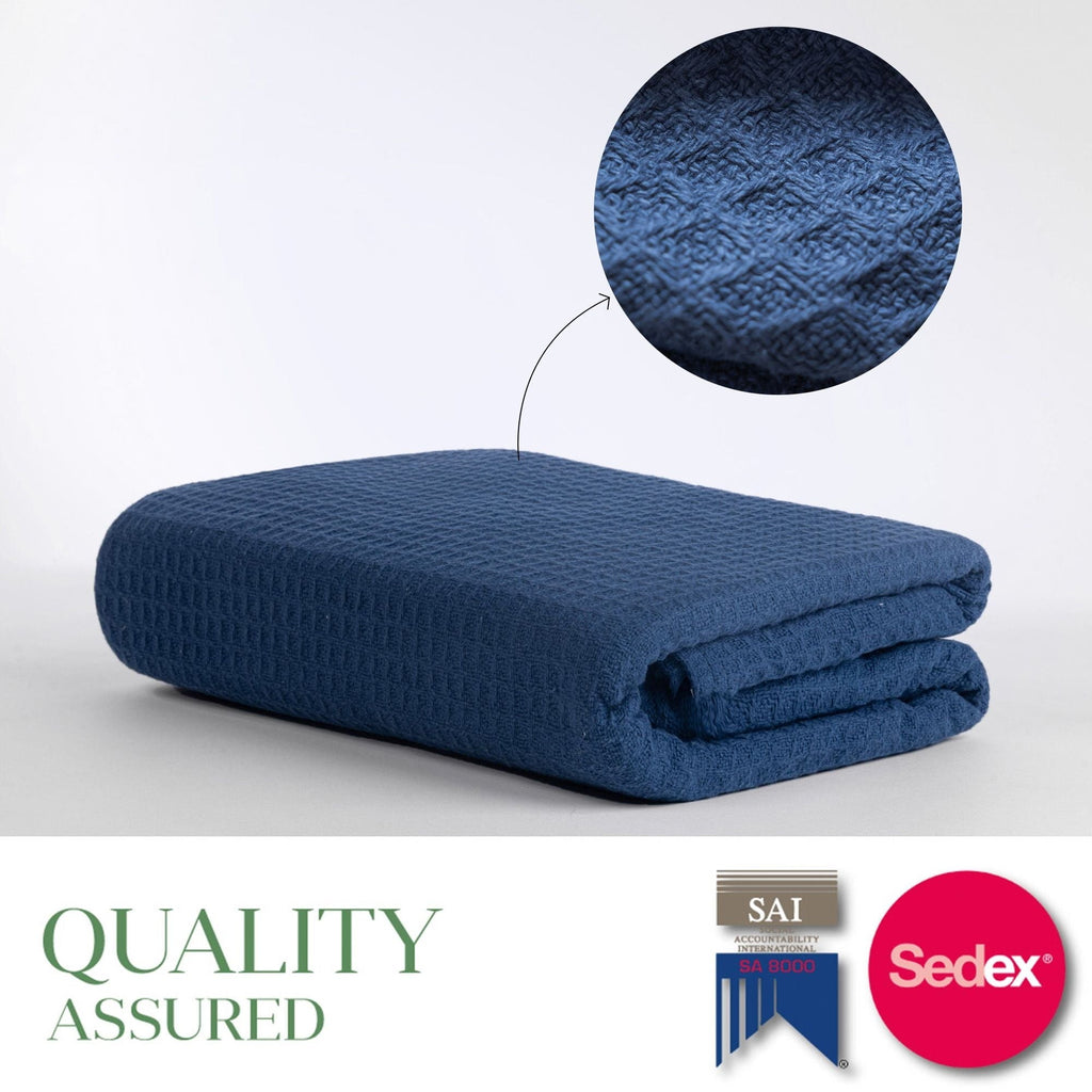 Cozy Fleece Twin Waffle Throw Blanket for Couch (68" x 92"), 100% Cotton Throw Blankets for Bed, Waffle Blanket for Bed (Navy) - Luxury Knitted Decorative Throw Blanket with Fringes Detail