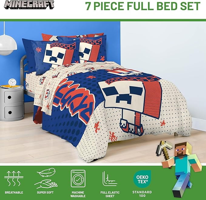 Fluffy Down Alternative 7 Piece Full Size Comforter Set with Shams - Kids & Teens Gaming Bedding - All-Season Down Alternative Comforter Insert Detail