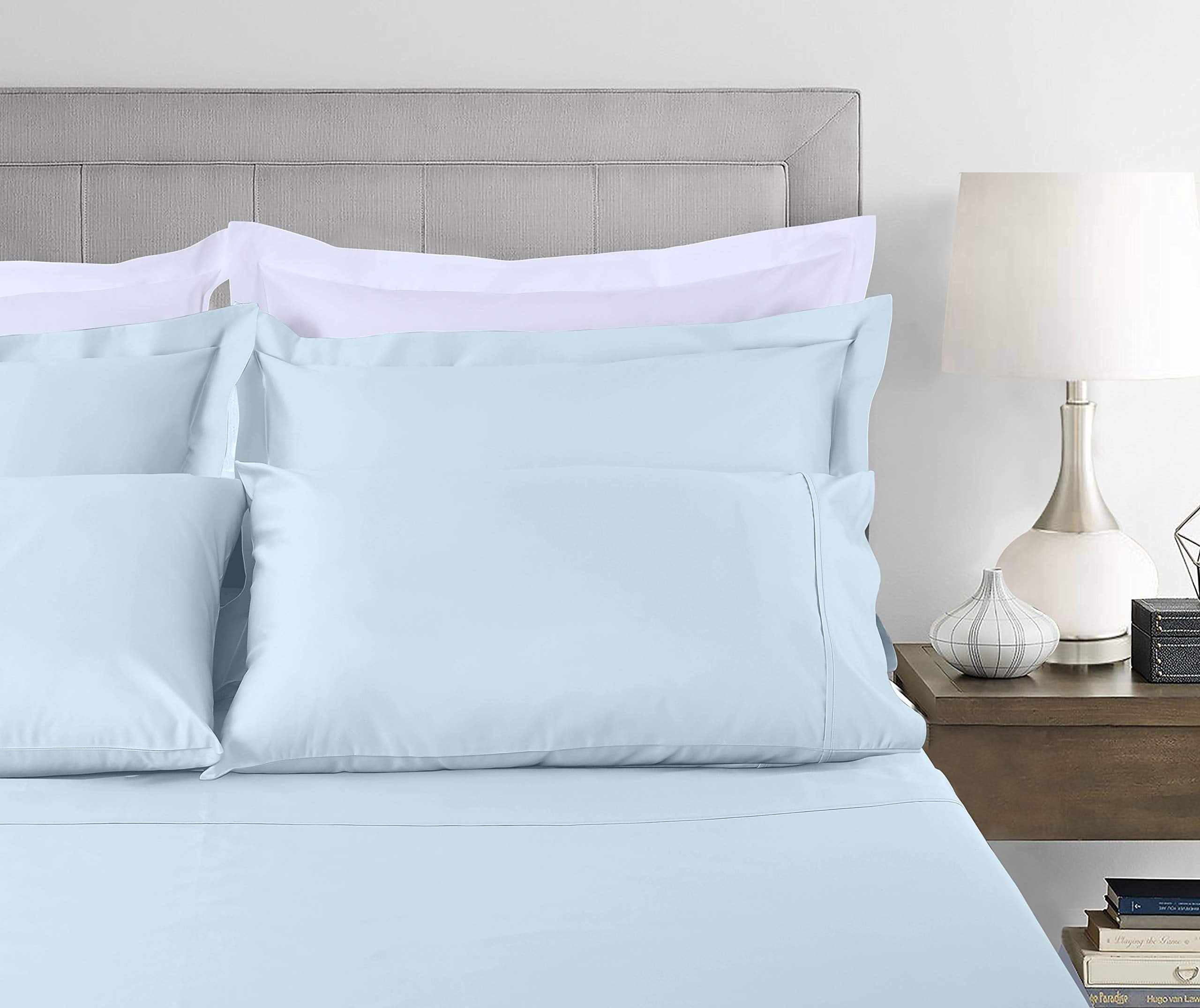 Premium Egyptian Cotton 100% Cotton King Bed Sheets Set - 4-Piece, 300 Thread Count, Lightweight Sateen, Light Blue - Cooling Hotel Quality Bedding Sheets and Pillowcases Detail