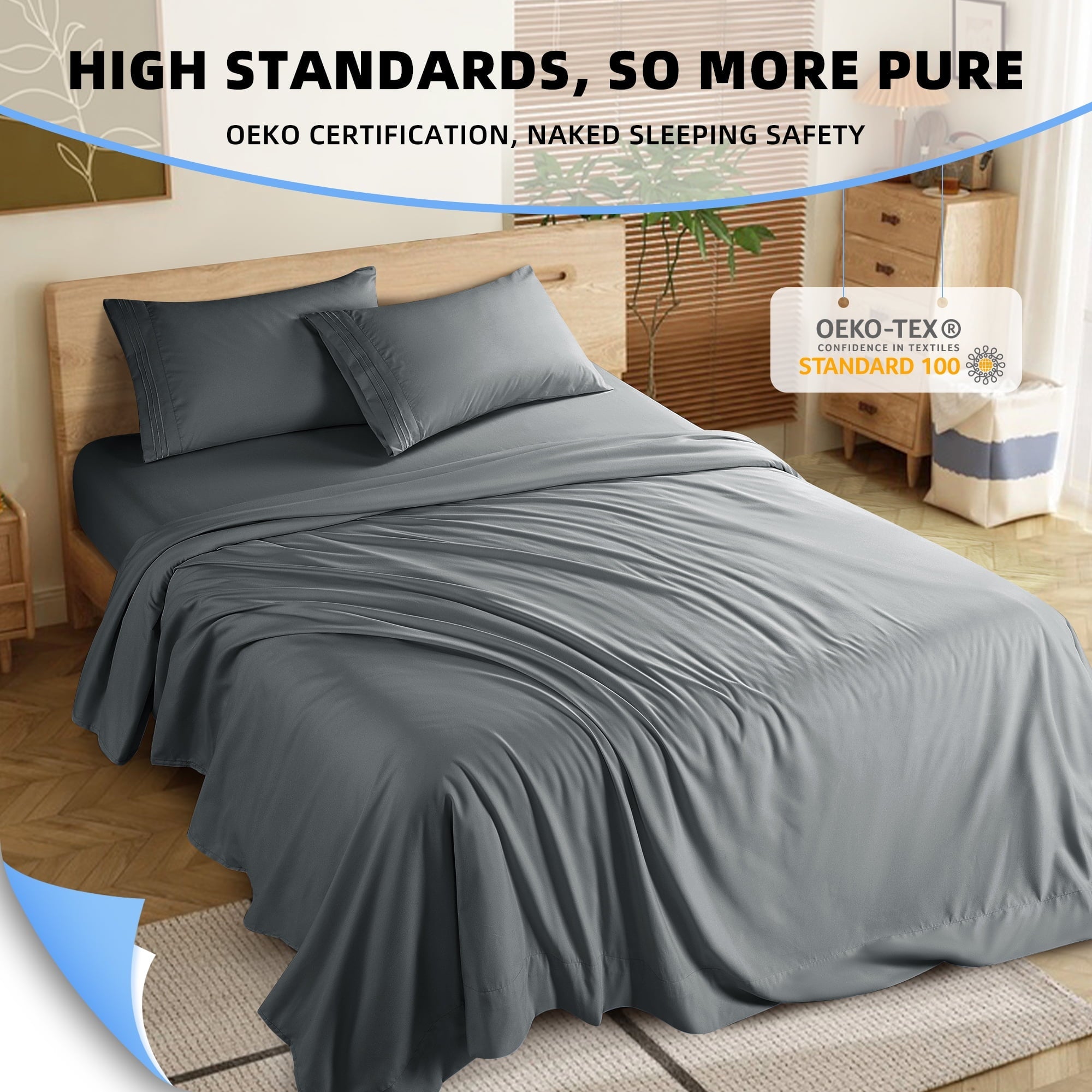 Premium Egyptian Cotton Shilucheng 4 Pieces Luxury Bed Sheets Set, Plush Microfiber Bed Sheets, 16" Deep Pocket, Queen, Dark Gray - Premium Ultra-Soft Pillowcase Pair for Sleeping Detail