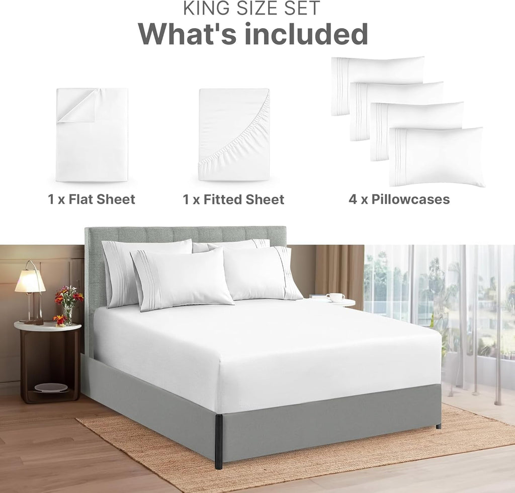 Wrinkle-Resistant 6-Piece Extra Deep Pocket Sheet Set With Extra Matching Pillowcases - King Size Bed Sheets Fits 18"-24" Ma... - Breathable Egyptian Cotton Flat & Fitted Sheets Detail
