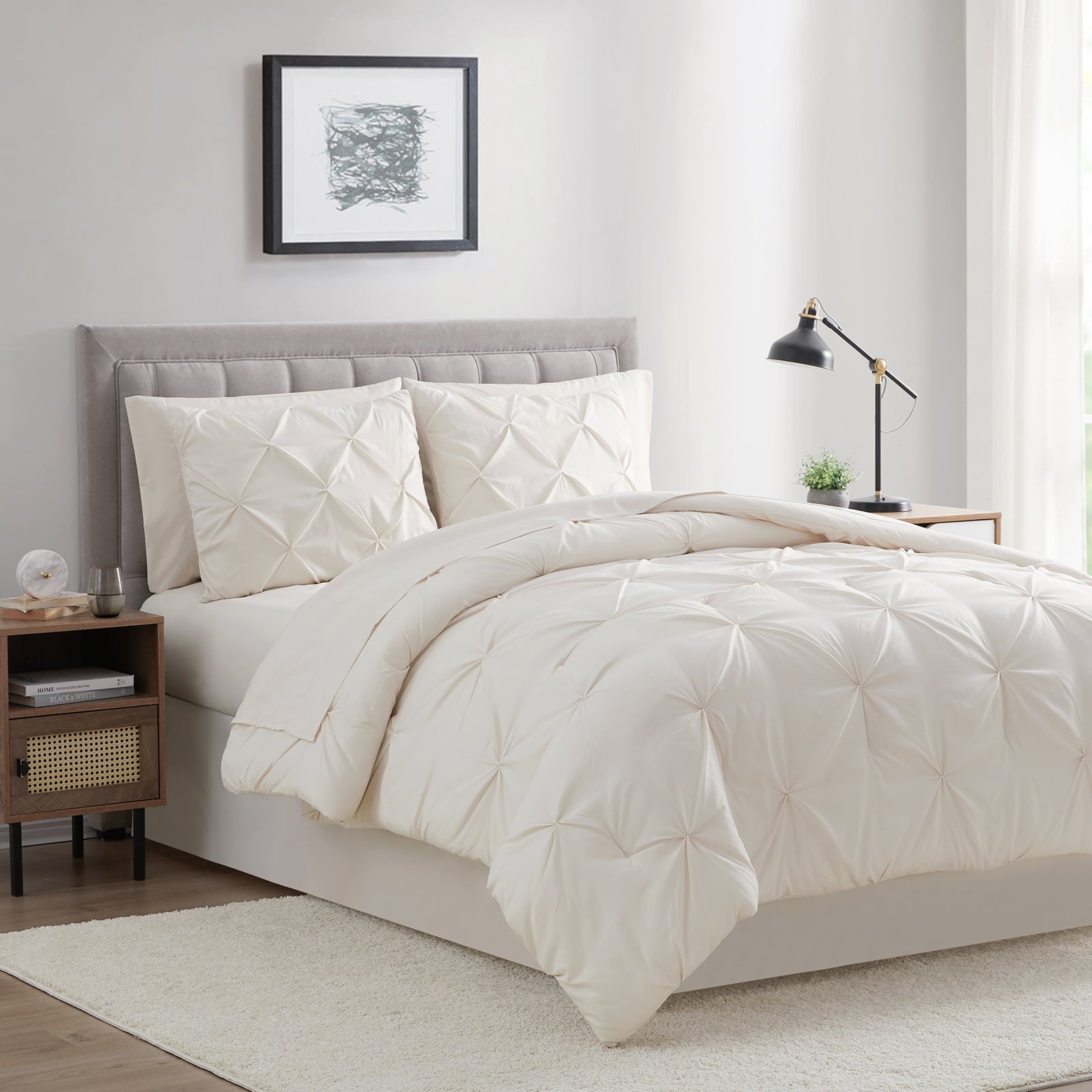 Hypoallergenic Cloud Comforter Set, 3-Piece, Queen, Pleated Wrinkle-Resistant Microfiber Bedding, Ivory, All-Season - Luxurious Quilted Duvet Cover Set Detail