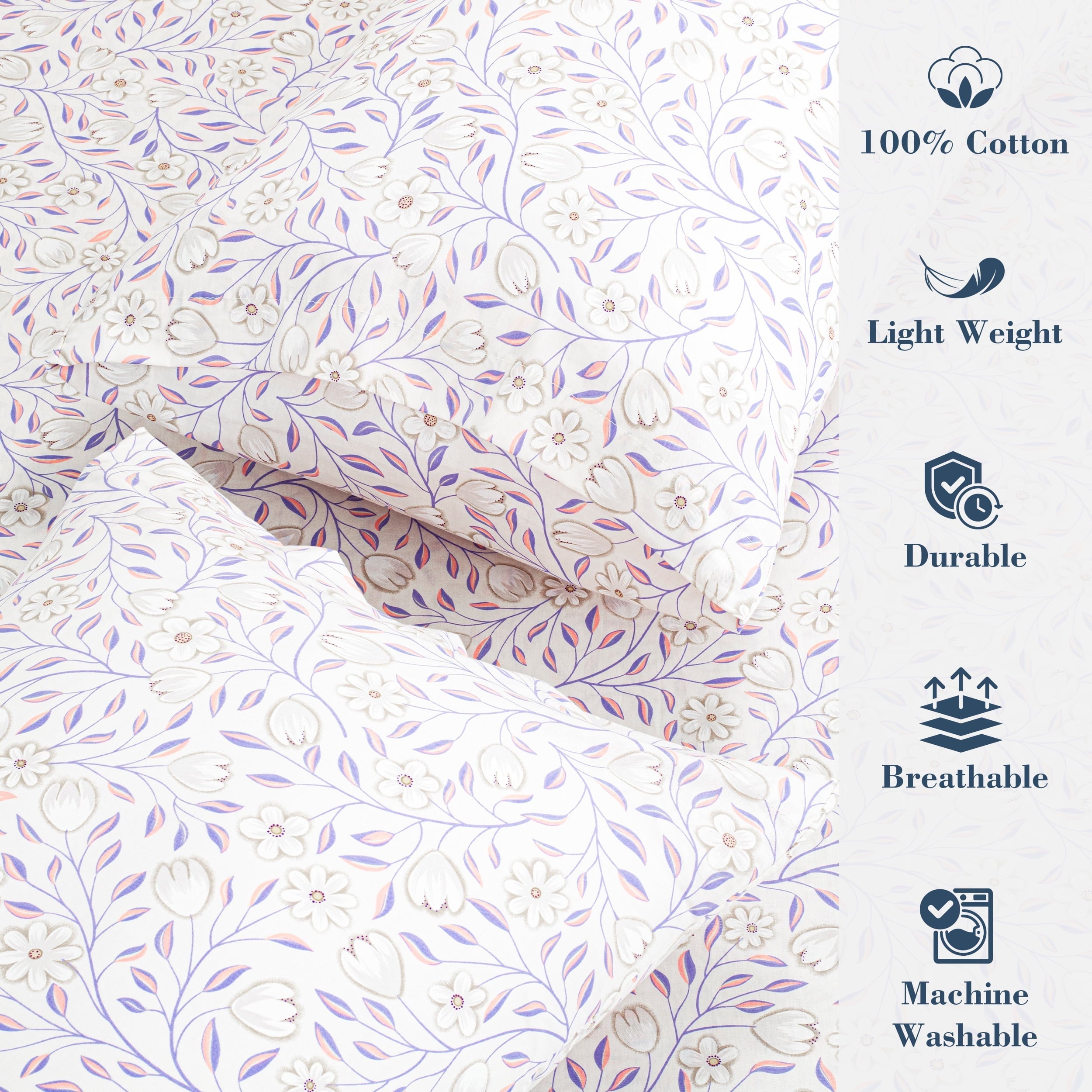 Ultra-Soft 100% Cotton Full Size Sheets,4 Piece Pure Percale Bed Sheets Set Deep Pocket Fits Mattress Upto 15",floral vine pattern - Breathable Egyptian Cotton Flat & Fitted Sheets Detail