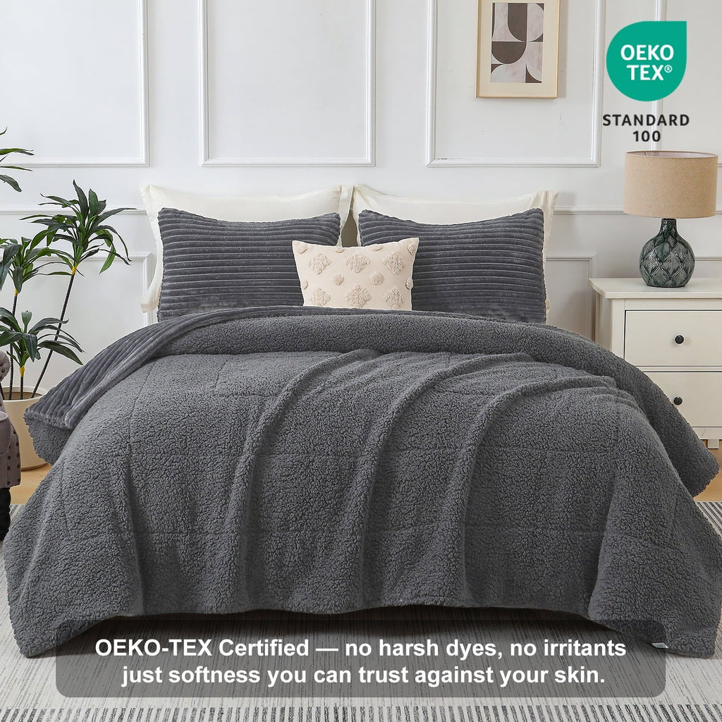 Hypoallergenic Cloud 3 Piece Fleece Queen Comforter Set - Soft & Warm Fluffy Dark Gray Sherpa Bedding , Fuzzy Heavy Double Sided Design Wi... - Hypoallergenic Ultra-Fluffy Quilt for Winter Detail