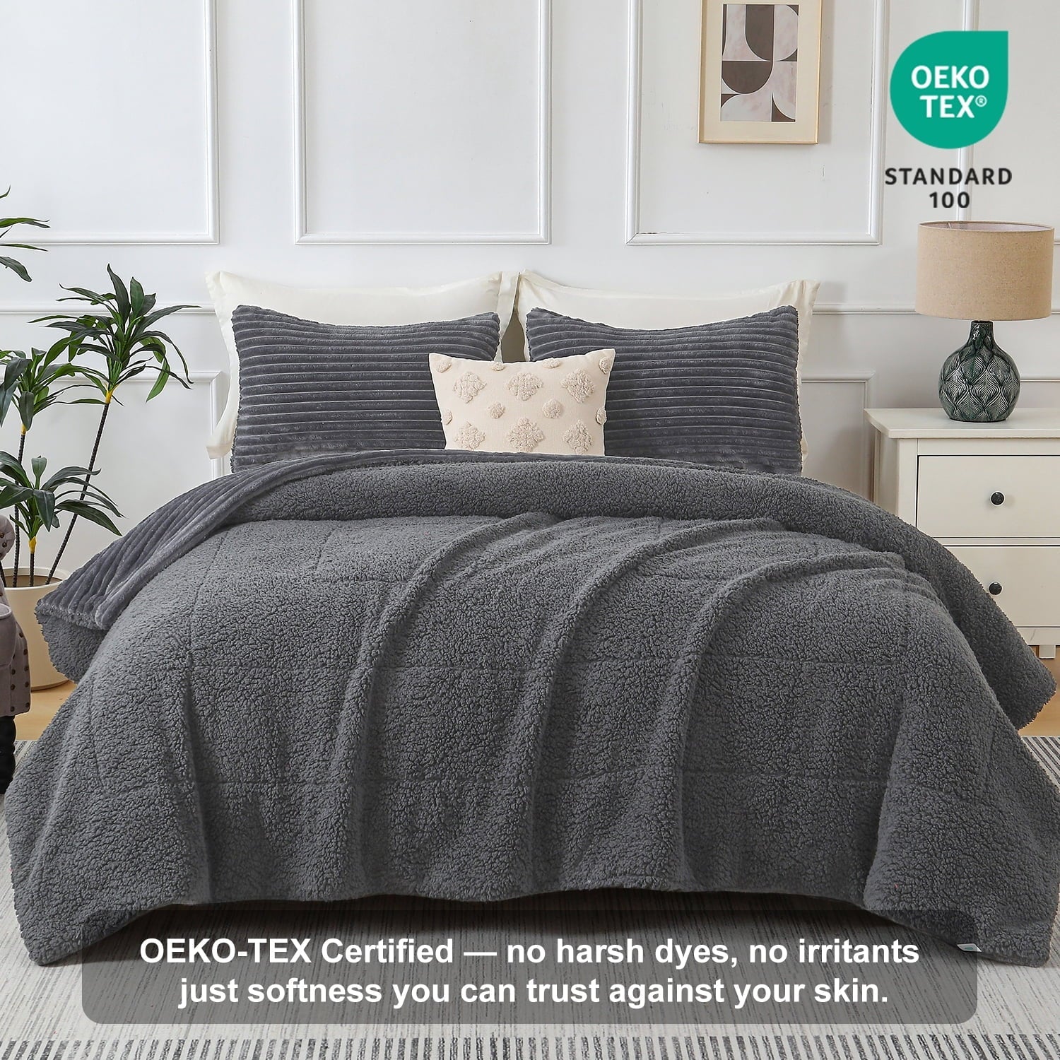 Hypoallergenic Cloud 3 Piece Fleece Queen Comforter Set - Soft & Warm Fluffy Dark Gray Sherpa Bedding , Fuzzy Heavy Double Sided Design Wi... - Hypoallergenic Ultra-Fluffy Quilt for Winter Detail