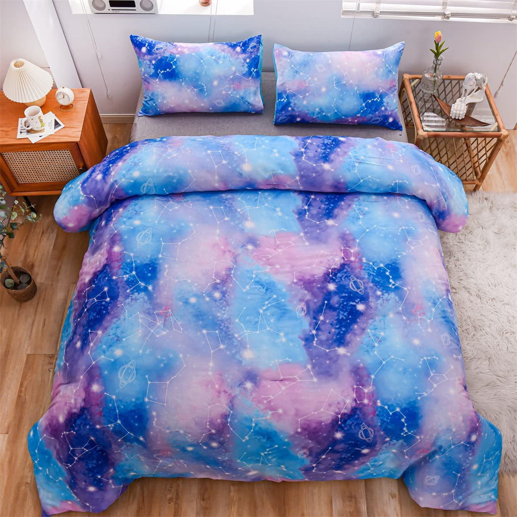 Luxurious Quilted Tie Dye Constellation Ombre Comforter Set Twin Gradient Galaxy Bedding Set Blue Purple - Hypoallergenic Ultra-Fluffy Quilt for Winter Detail