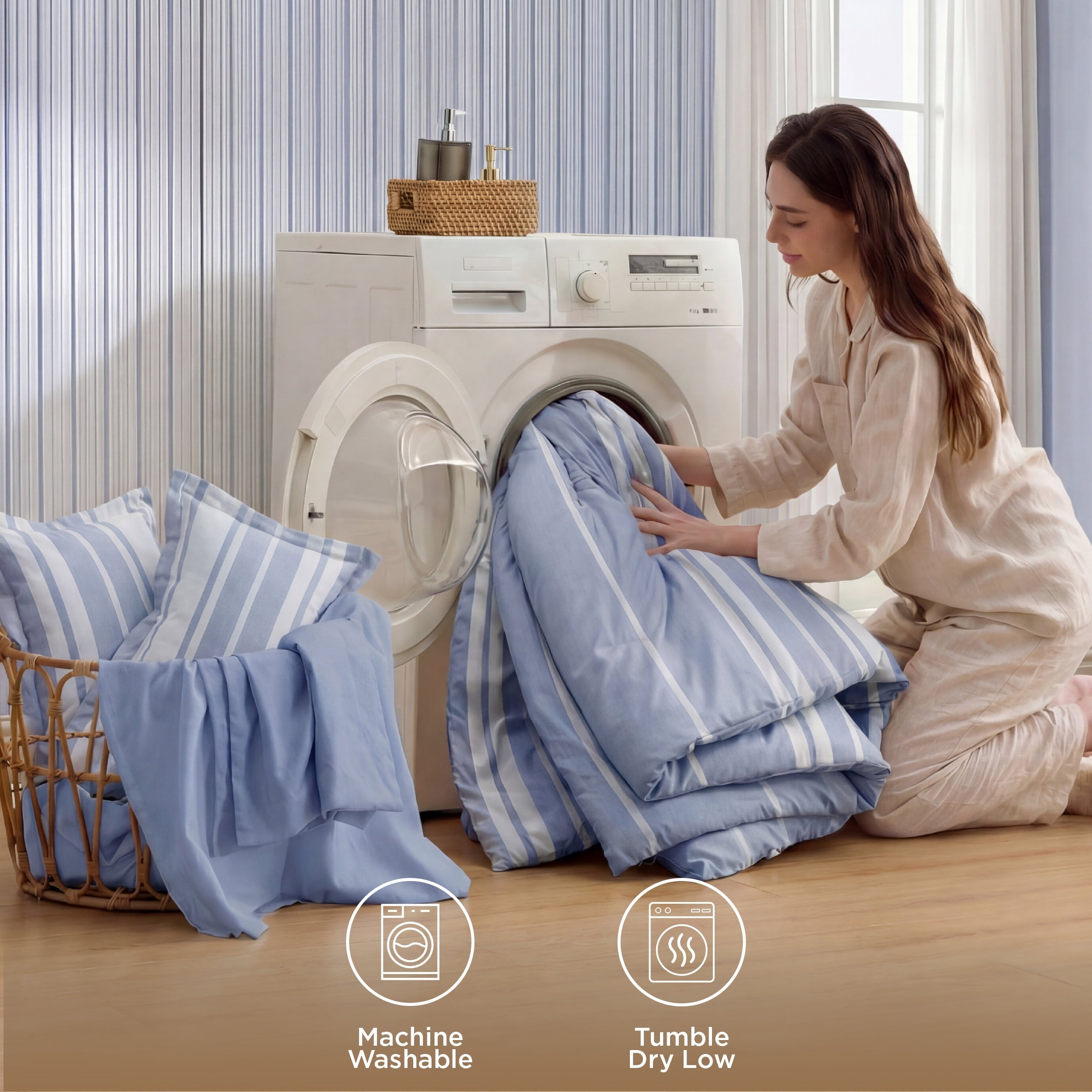 Heavyweight Warmth Queen Comforter Set Blue, Bed in a Bag Queen Size Bedding 7-Pieces, Striped Bedding Set for All Seasons - Cloud-Like Soft Lightweight Bed Comforter Detail