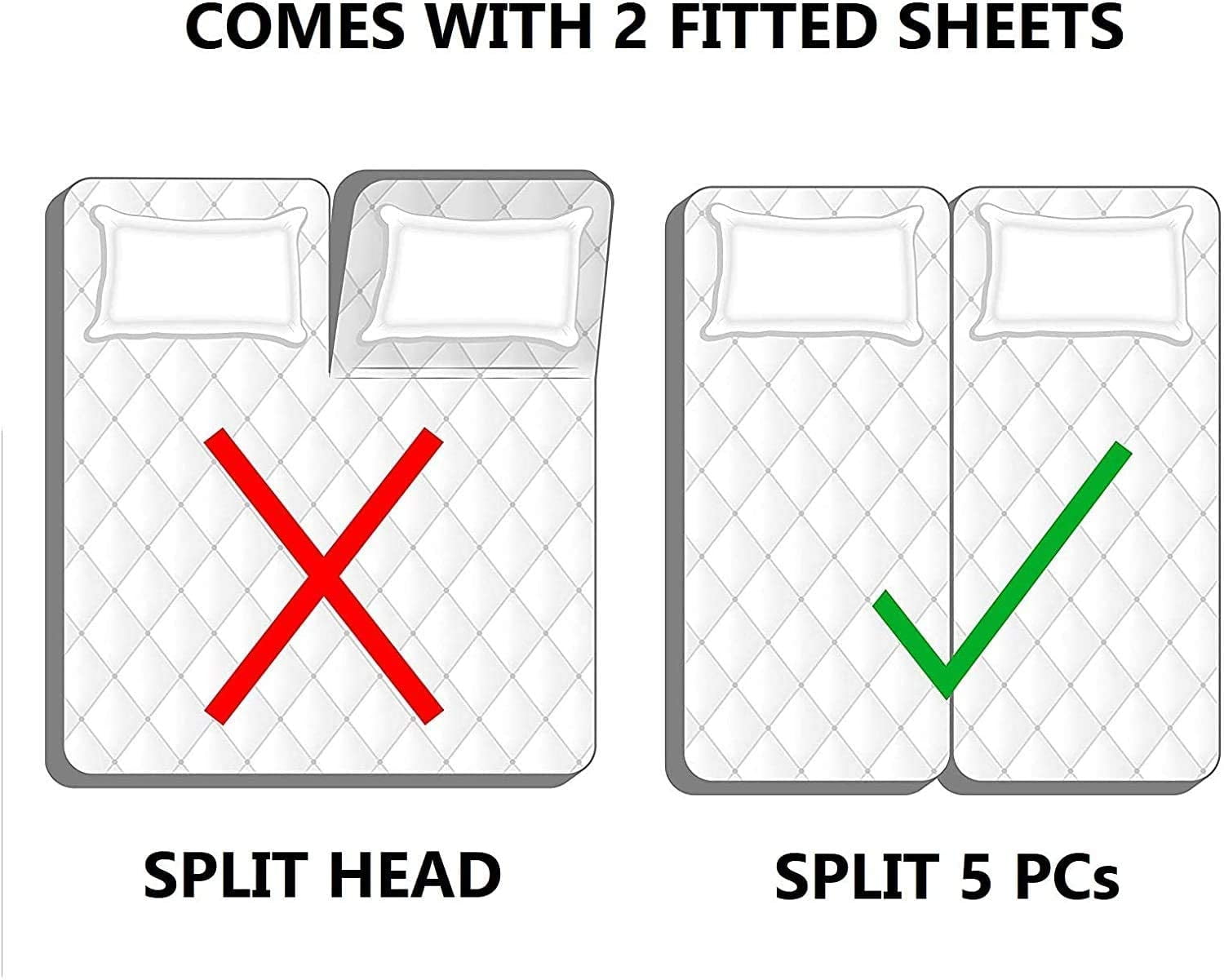 Wrinkle-Resistant Split King Bed Sheet Set 5Pcs Adjustable Bed Sheets - 18" Deep Pocket of Fitted Sheet 800 Thread Count 100% Pure Egyp... - Premium Ultra-Soft Pillowcase Pair for Sleeping Detail
