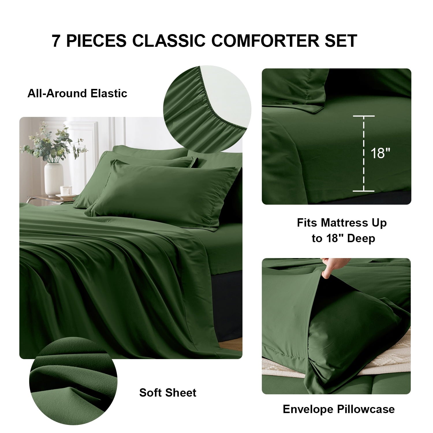 Luxurious Quilted Queen Comforter Set Forest Green Bed in a Bag Queen Size 7 Pieces Soft Bed Set Lightweight Microfiber Green Bedding C... - All-Season Down Alternative Comforter Insert Detail