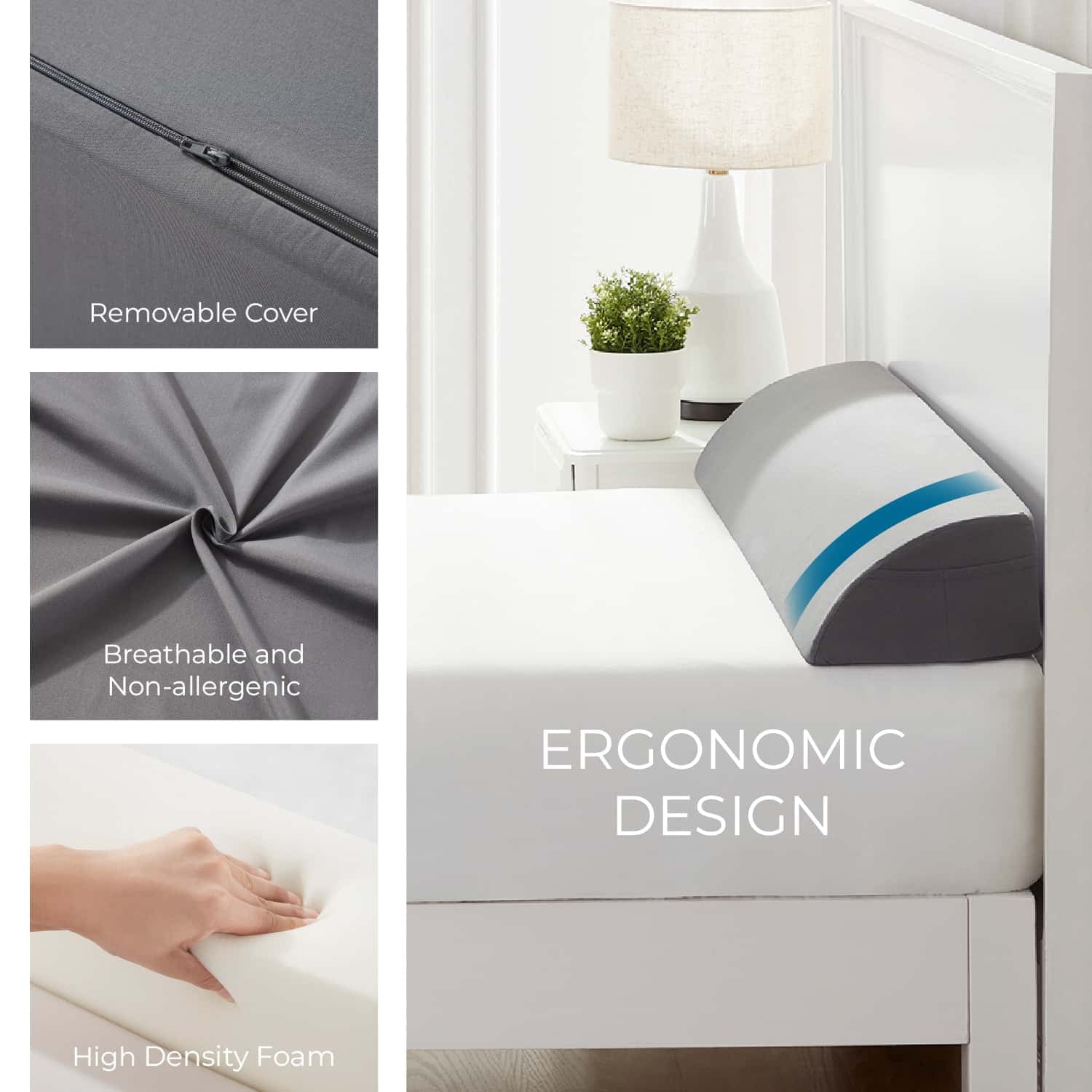 Ergonomic Memory Foam Bed Wedge Pillow for Headboard, Mattress Gap Filler Headboard Pillow, Queen Size - Hotel Quality Plush Sleeping Pillows Detail
