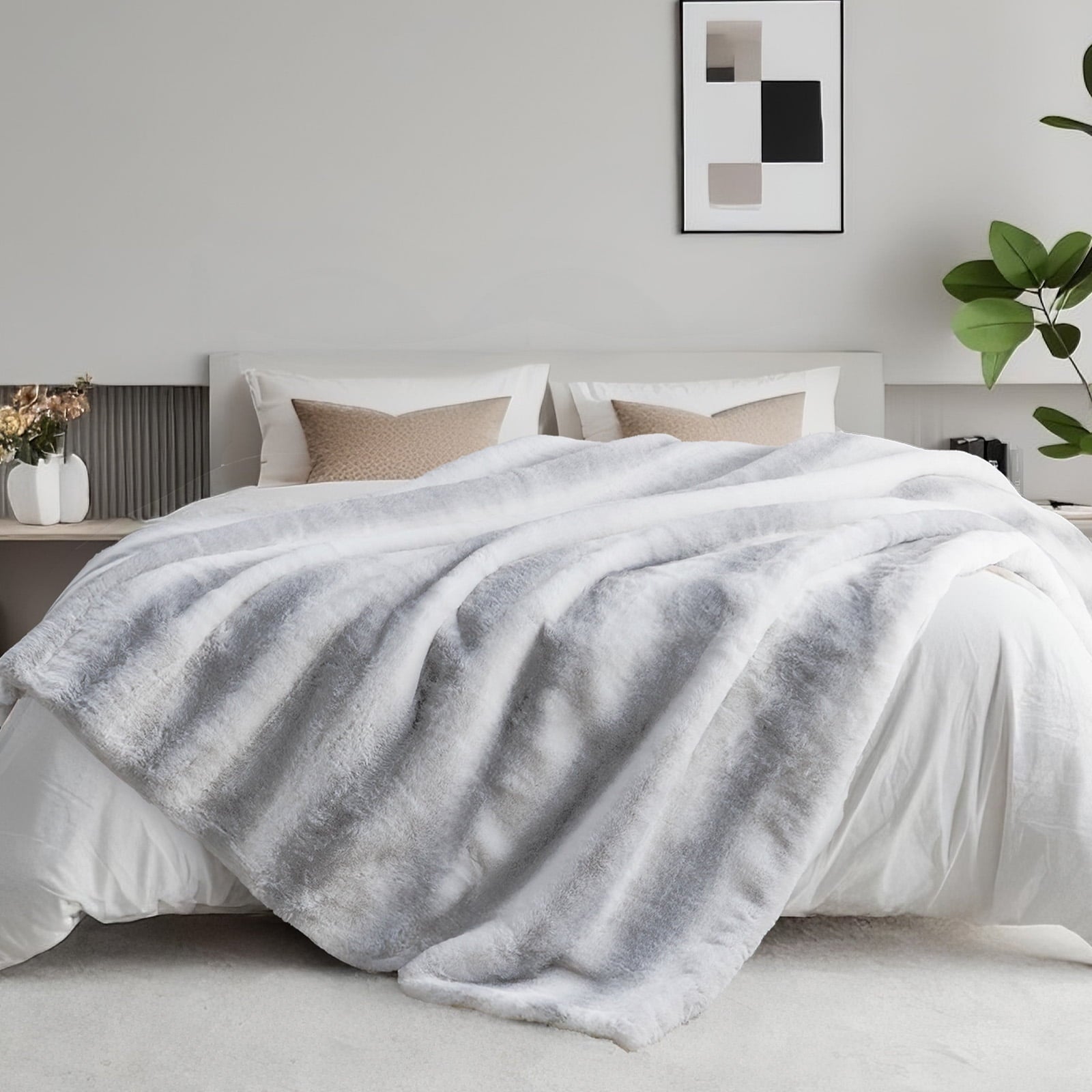 Super Soft Flannel Luxury Faux Fur Throw Blanket for Bed Super Thick Warm Fuzzy Blankets for Bedroom Living Room, 60" x 80", White - Luxury Knitted Decorative Throw Blanket with Fringes Detail