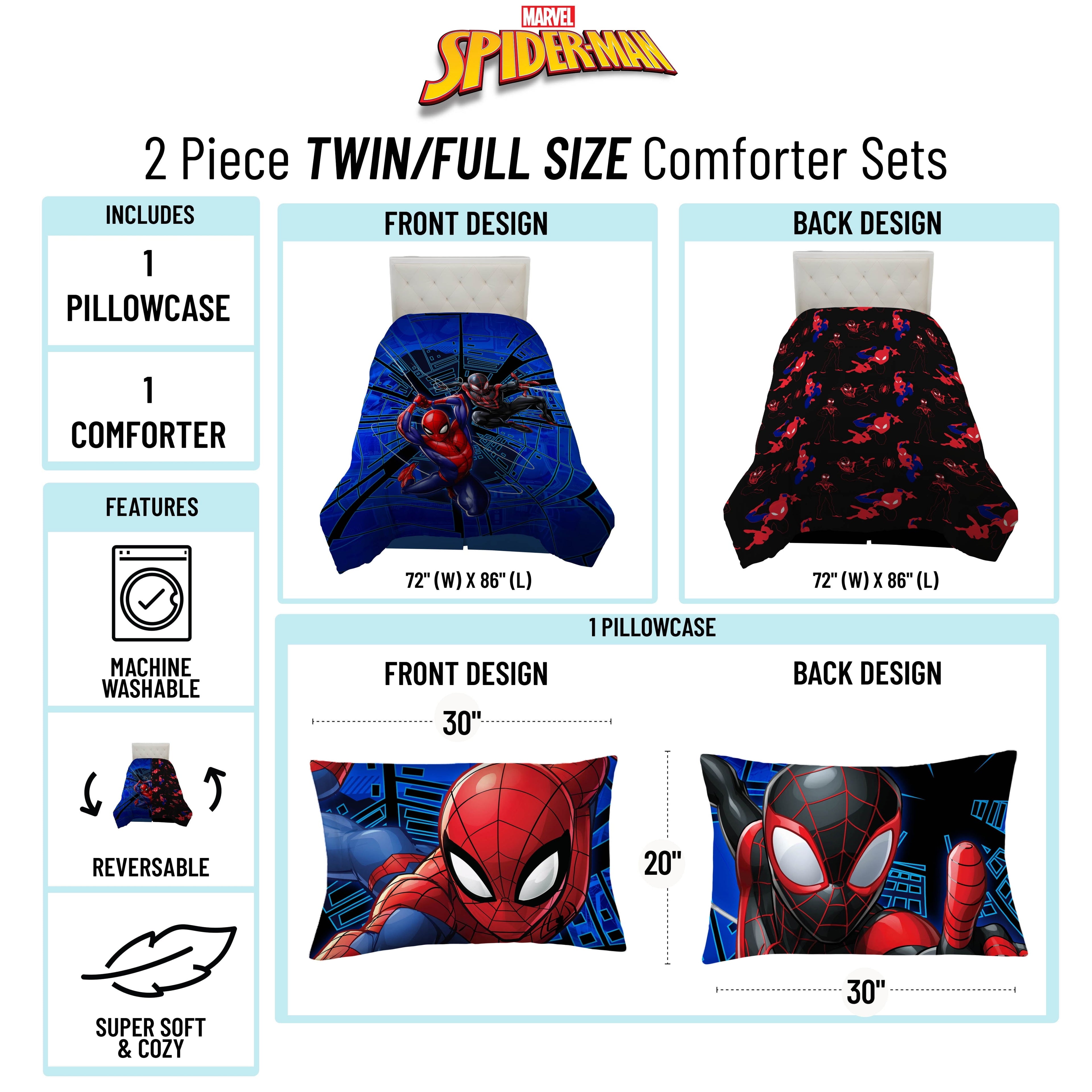 Luxurious Quilted Spiderman Techno City Kids 2 Piece Blue Reversible Comforter and Pillowcase Set, Twin/Full - Luxurious Quilted Duvet Cover Set Detail