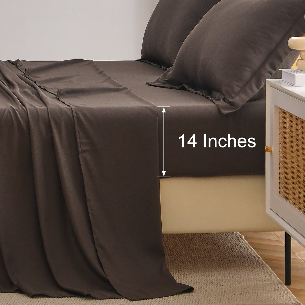 Premium Egyptian Cotton Bed Sheets Set 4 Piece Queen/Full Sheet Set Brown Gray Cotton Blend Fitted Sheet, Flat Sheet & 2 Pillowcases Bedding Set - Cooling Hotel Quality Bedding Sheets and Pillowcases Detail