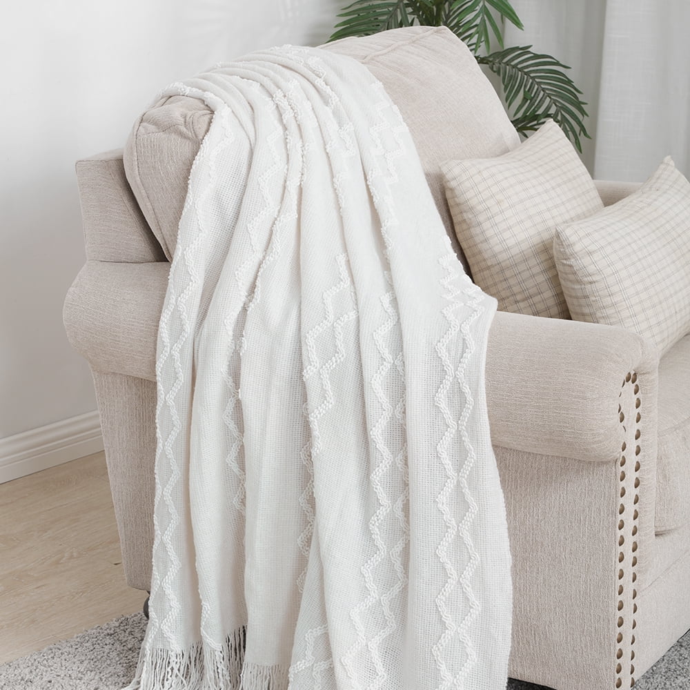 Super Soft Flannel Fluffy Chenille Knitted Fringe Throw Blanket, Lightweight Soft Cozy Bed Sofa Chair Blanket, White, 50" x 60" - Super Soft Reversible Sherpa Flannel Blanket Detail