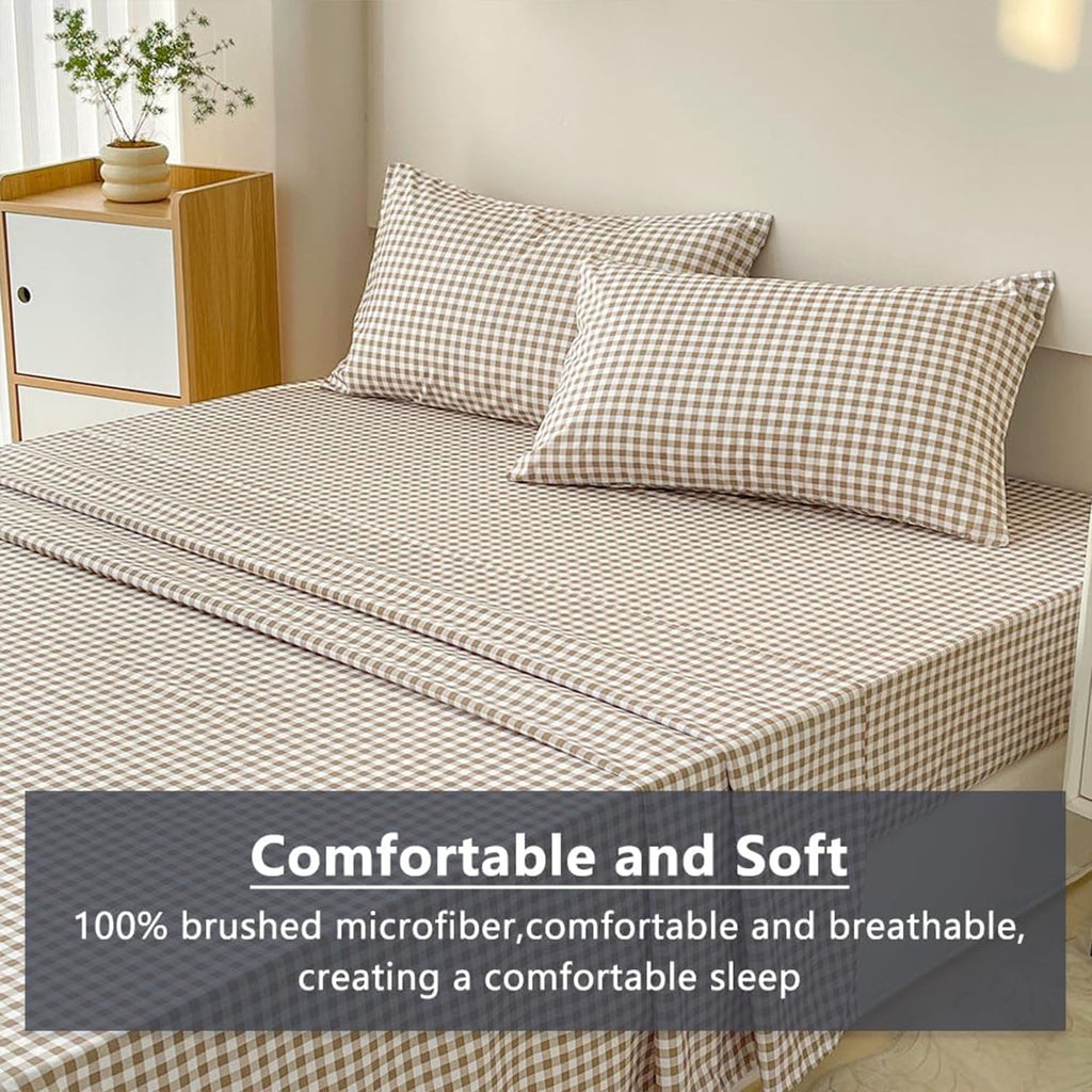 Cooling Sateen Sheet Set, Soft Brushed Microfiber Taupe Plaid Sheets, 4-Piece Brown Grid Set with Deep Pocket - Luxury Bed Sheet Set with Deep Pockets Detail