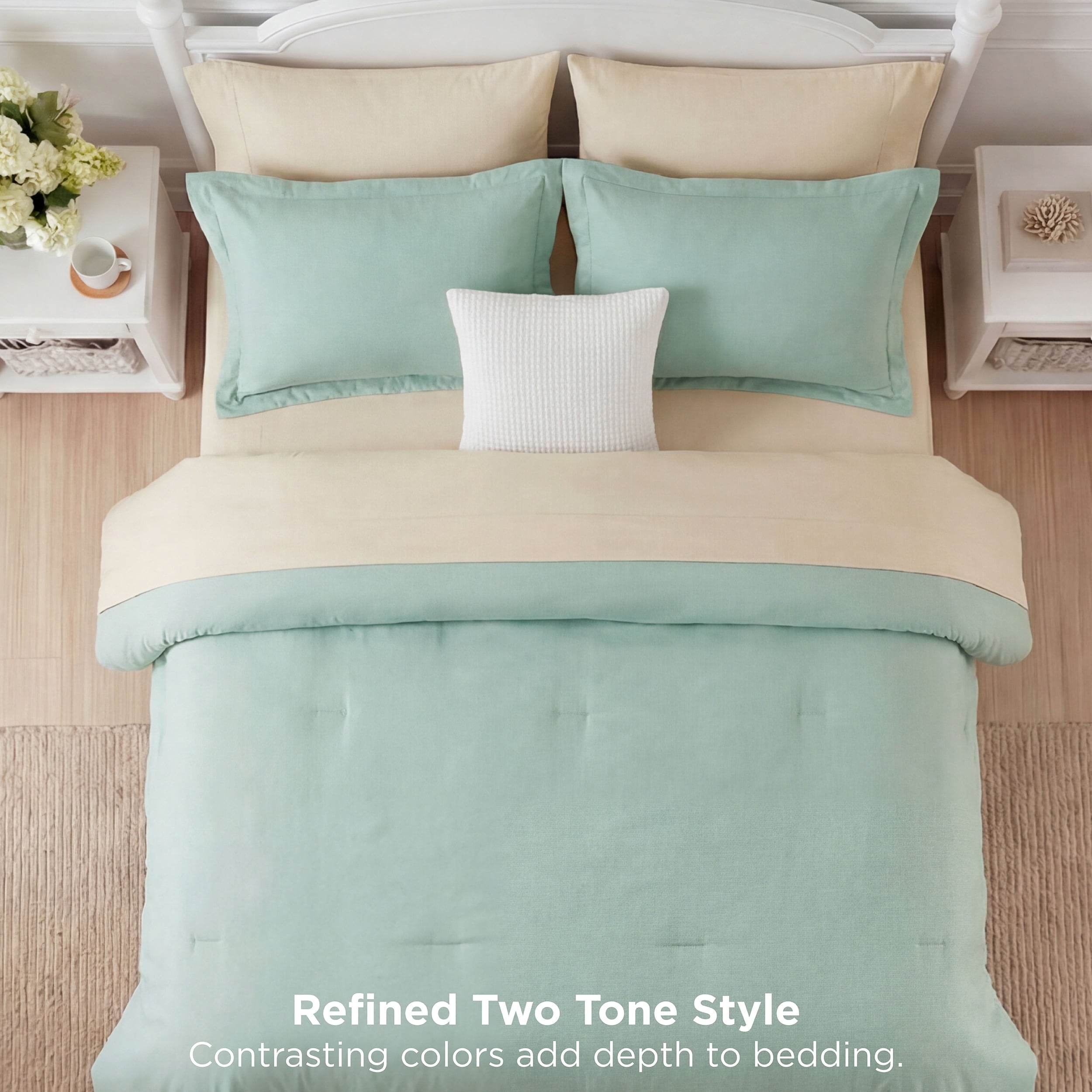 Fluffy Down Alternative Queen Comforter Set Sage Green, 7 Pieces Lightweight Queen Bedding Sets, Contrasting Design - All-Season Down Alternative Comforter Insert Detail