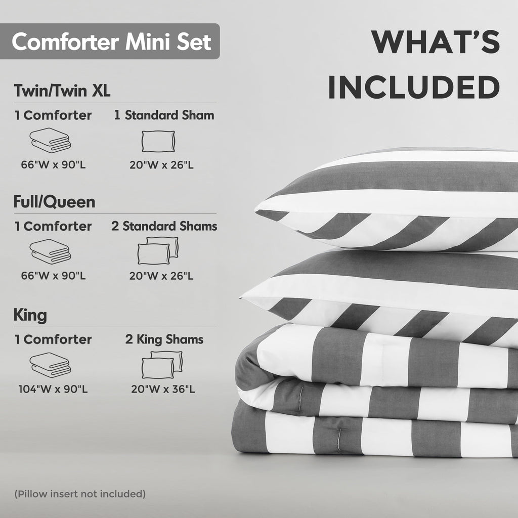 Luxurious Quilted Full/Queen Size Comforter Sets, 3-Piece Bedding Set Full/Queen, Reversible Striped Comforter Bed Set, Charcoal - Luxurious Quilted Duvet Cover Set Detail