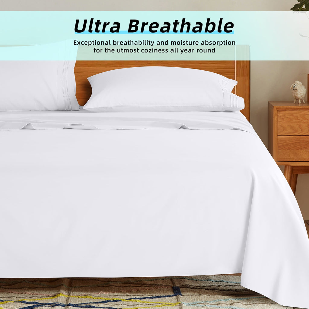 Premium Egyptian Cotton Bed Sheets Set, Microfiber Deep Pocket 4 Pieces Luxury Soft Sheet Set, Queen, White - Premium Ultra-Soft Pillowcase Pair for Sleeping Detail