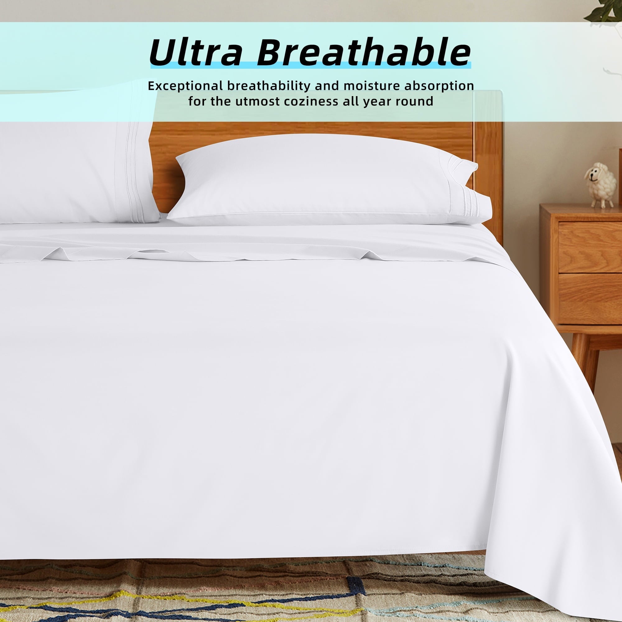 Premium Egyptian Cotton Bed Sheets Set, Microfiber Deep Pocket 4 Pieces Luxury Soft Sheet Set, Queen, White - Premium Ultra-Soft Pillowcase Pair for Sleeping Detail