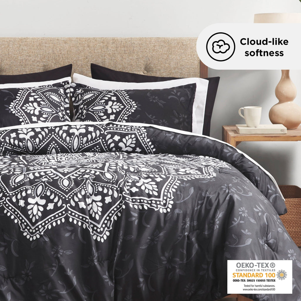 Fluffy Down Alternative Queen Comforter Set, Bedding Comforter Set Queen Size W/ Side Pockets, Black, 9 Pieces - Luxurious Quilted Duvet Cover Set Detail