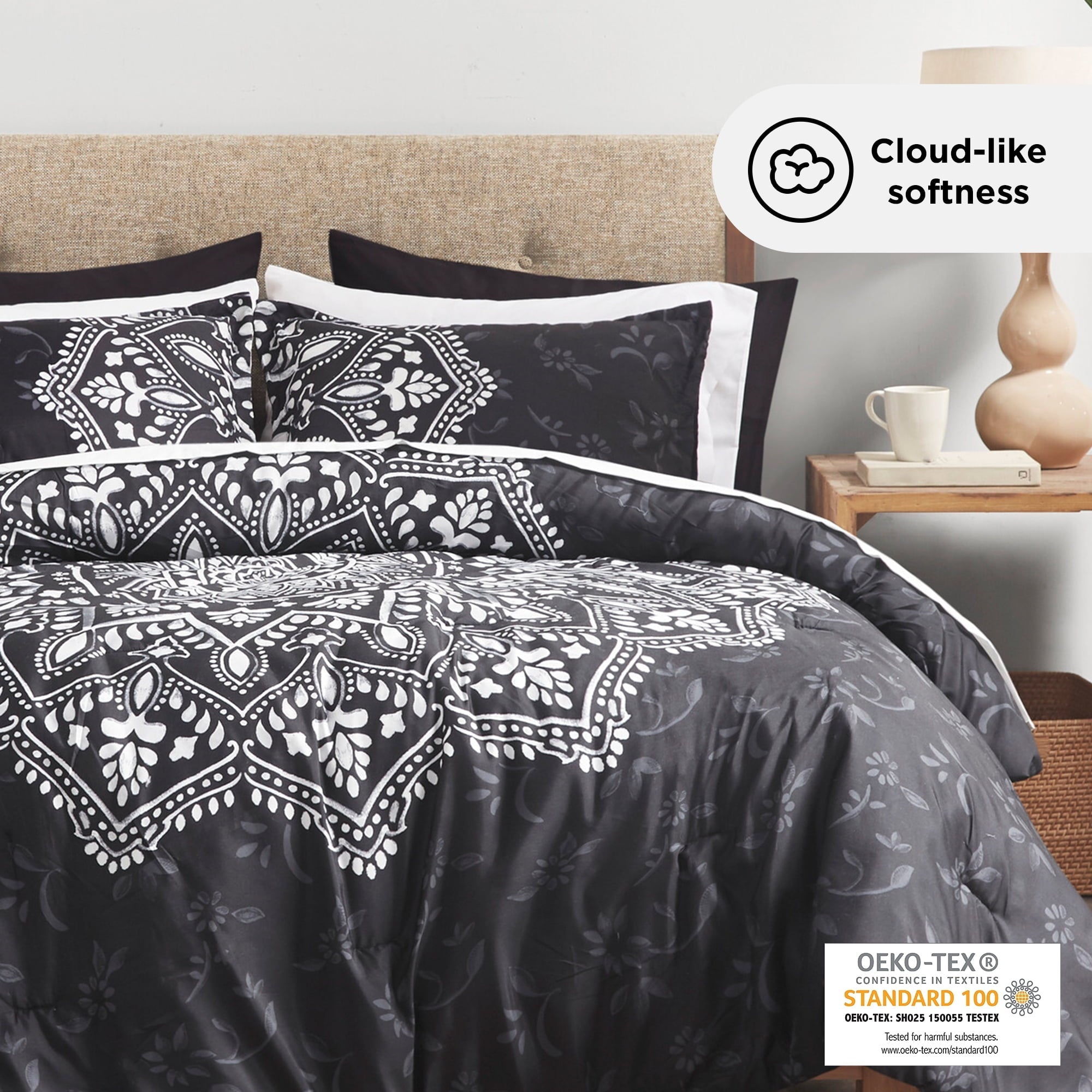 Fluffy Down Alternative Queen Comforter Set, Bedding Comforter Set Queen Size W/ Side Pockets, Black, 9 Pieces - Luxurious Quilted Duvet Cover Set Detail