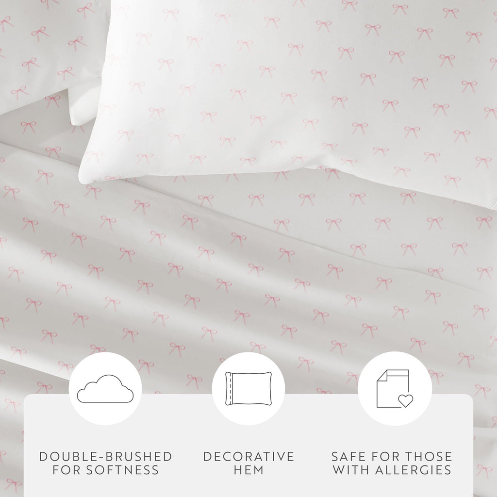 Premium Egyptian Cotton 3 Piece Ditsy Pattern Microfiber Bed Sheets, Pink Bows, Twin-XL - Luxury Bed Sheet Set with Deep Pockets Detail