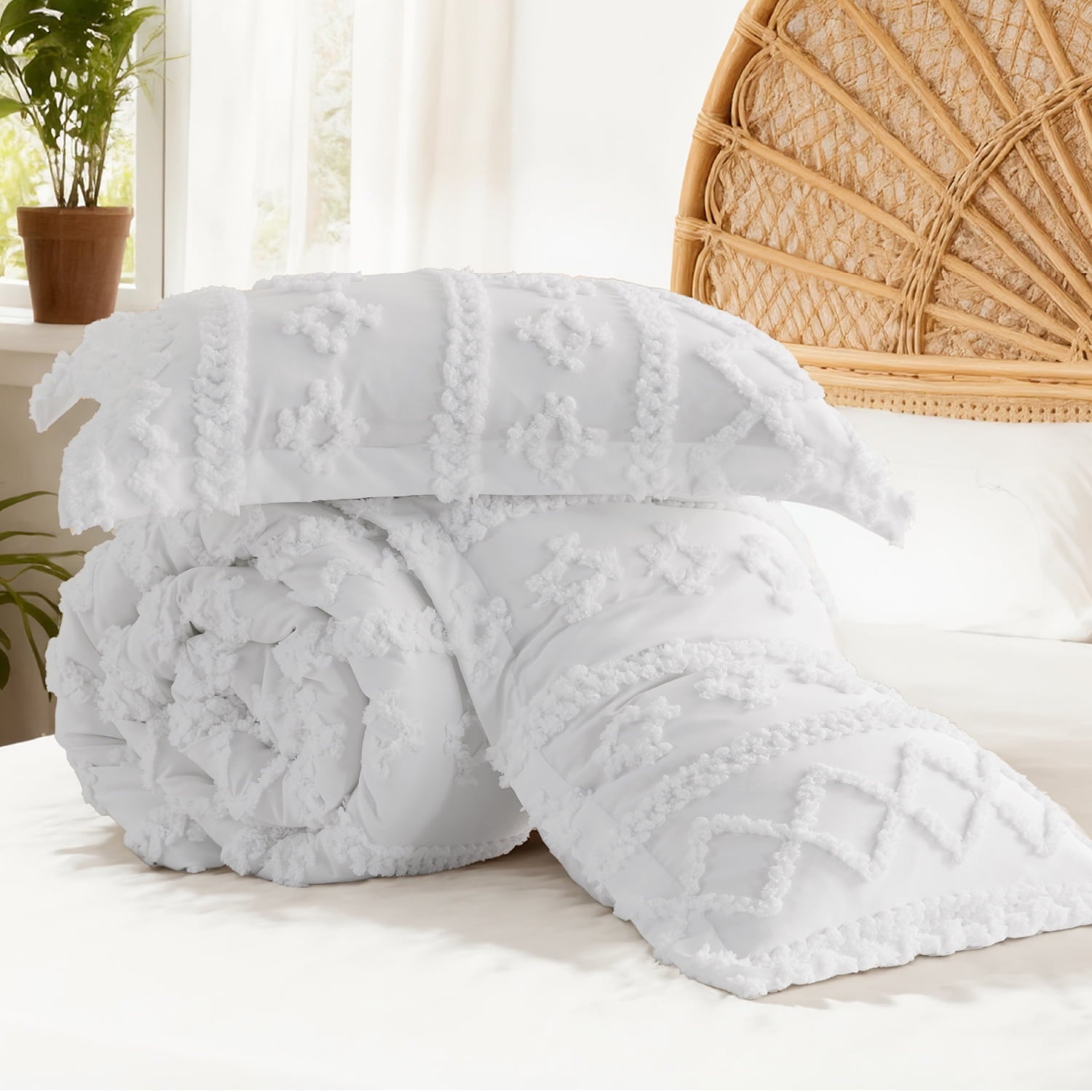 Hypoallergenic Cloud Tufted Boho Comforter Set, 2 Pieces Farmhouse Shabby Chic Embroidery Bed Set, Soft Jacquard Comforter for All Seasons... - Luxurious Quilted Duvet Cover Set Detail