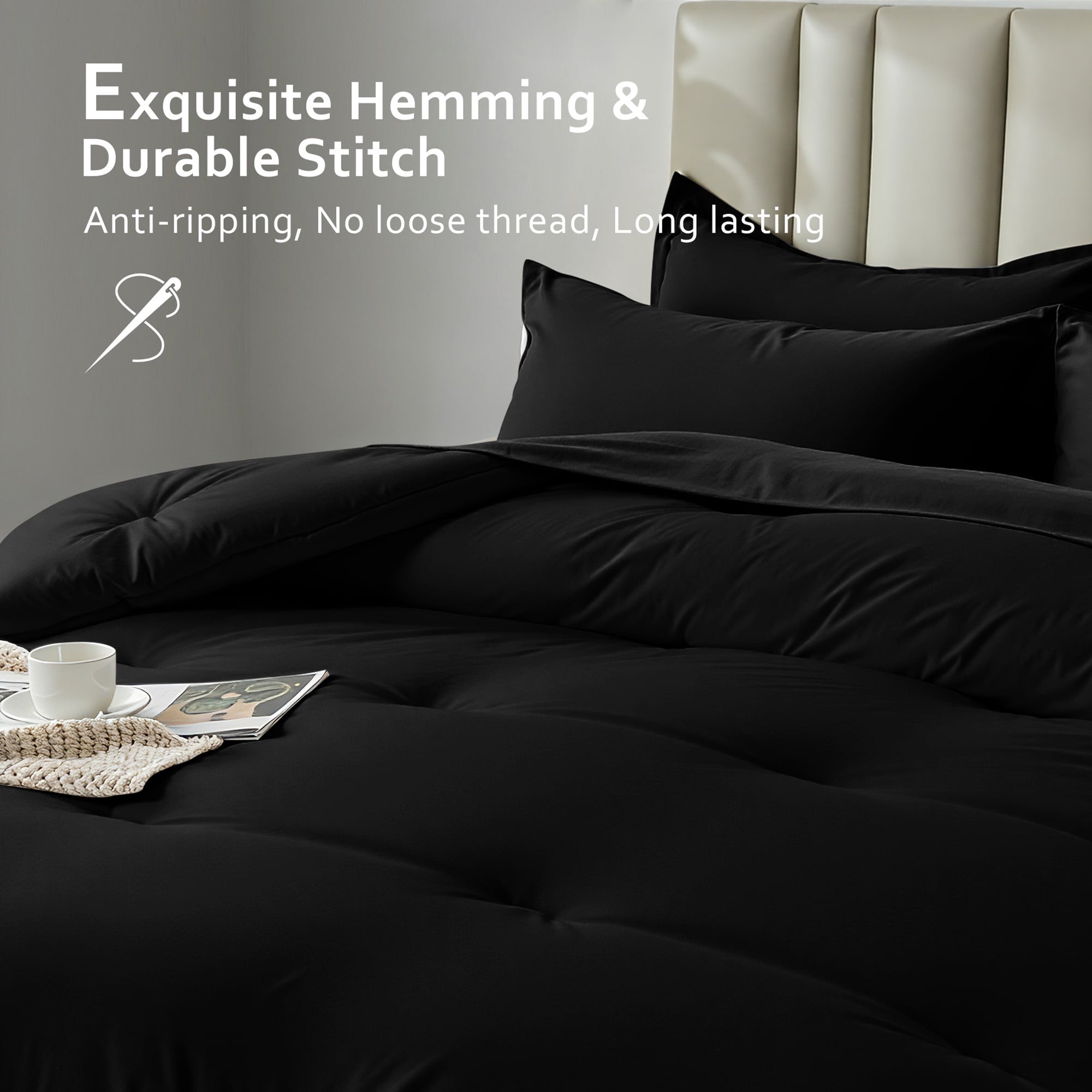 All-Season 5-Piece Bed in Bag - Twin Size Comforter Sets, Pillowcases & Sheet Collection for Cozy Bedding Sets Black - All-Season Down Alternative Comforter Insert Detail