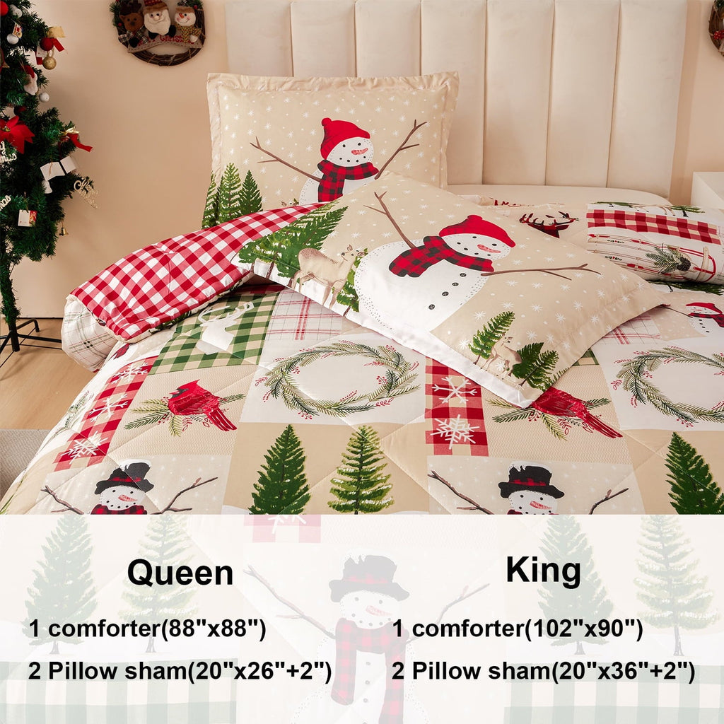 Luxurious Quilted 3 Pcs Christmas Comforter Set, Bed in a Bag Wreath Snowman Queen/Full Size Xmas Bedding Set Fitted Pillowcases for Adult - Hypoallergenic Ultra-Fluffy Quilt for Winter Detail