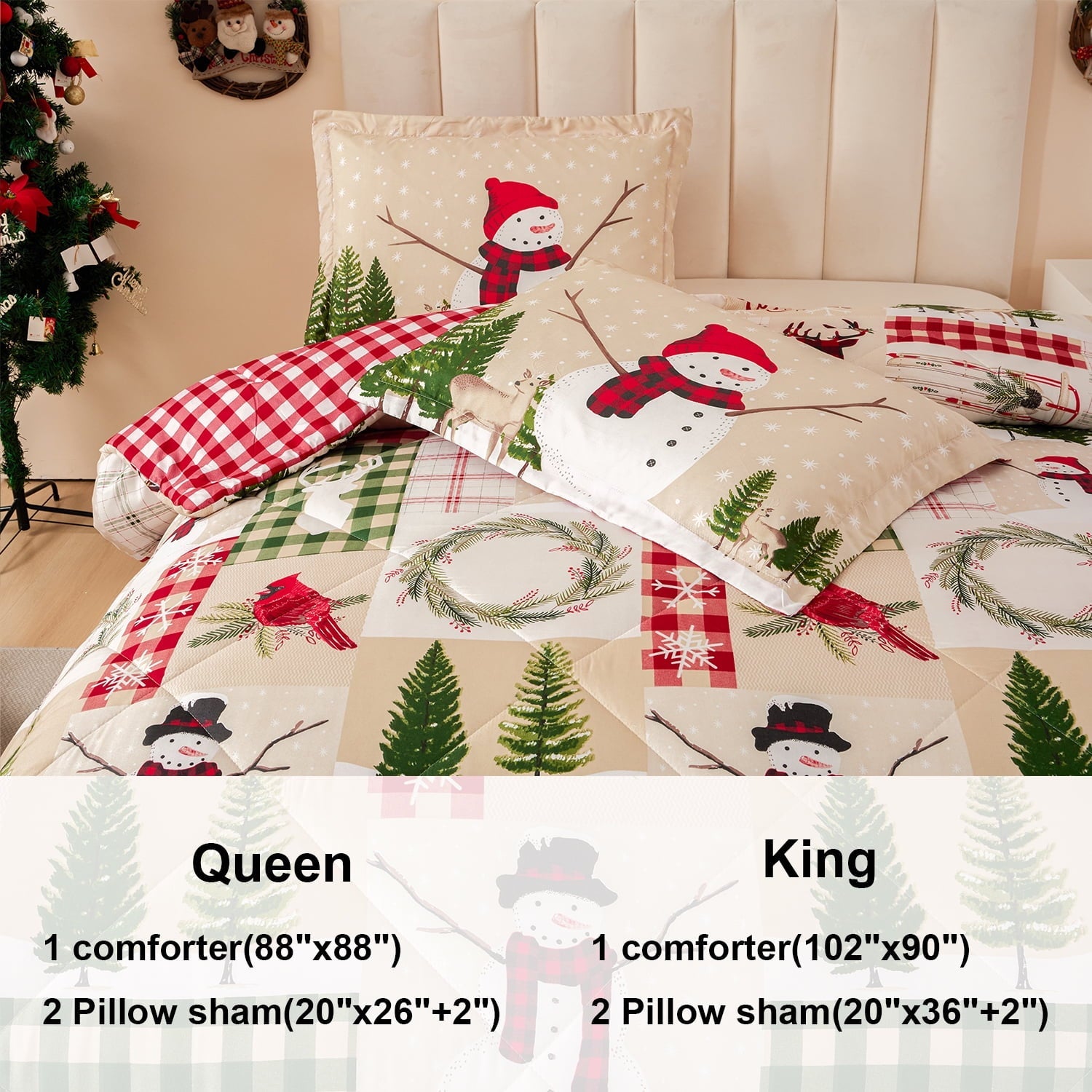 Luxurious Quilted 3 Pcs Christmas Comforter Set, Bed in a Bag Wreath Snowman Queen/Full Size Xmas Bedding Set Fitted Pillowcases for Adult - Hypoallergenic Ultra-Fluffy Quilt for Winter Detail