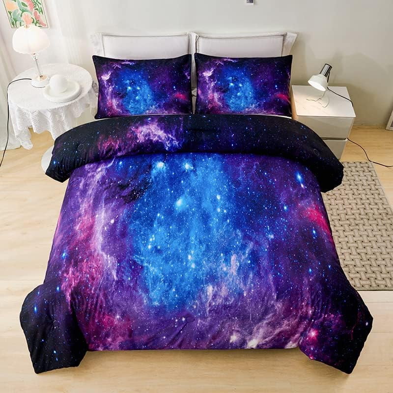 Fluffy Down Alternative Galaxy Comforter Set Outer Space Purple Starry Sky Night Pattern Bedding Set for Girls Boys Kids Teens Twin Size with... - All-Season Down Alternative Comforter Insert Detail