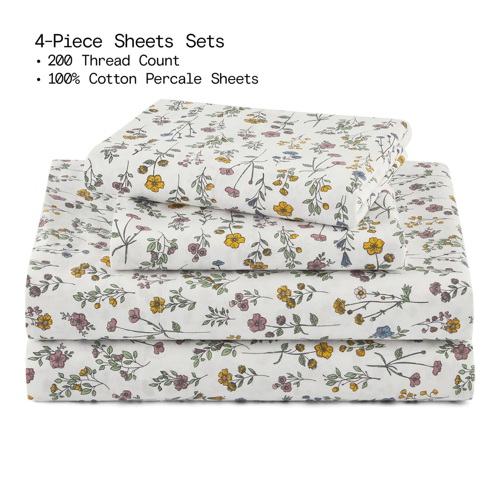 Ultra-Soft Botanical 4-Piece 100% Cotton Washed Percale White Sheet Set, Queen - Premium Ultra-Soft Pillowcase Pair for Sleeping Detail