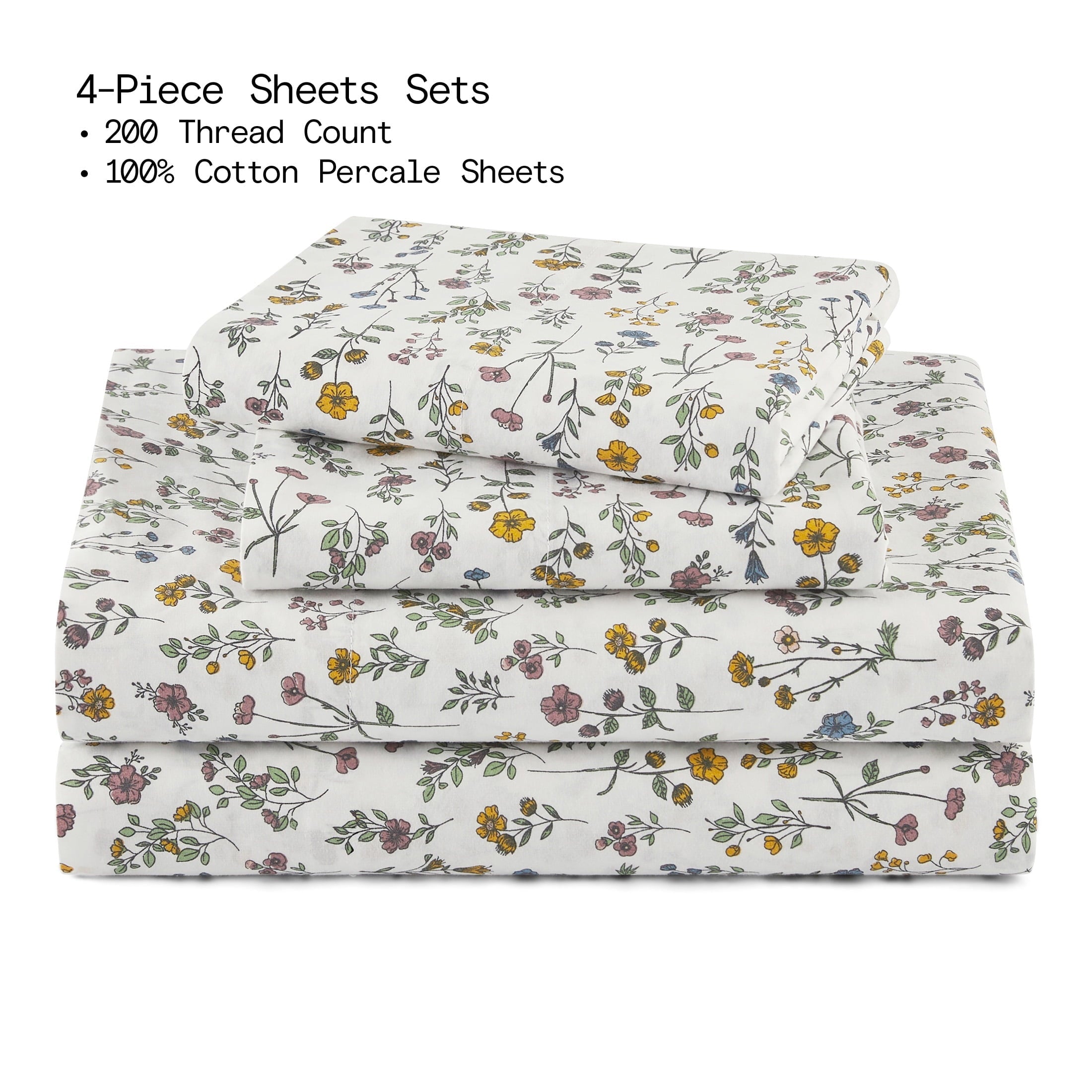 Ultra-Soft Botanical 4-Piece 100% Cotton Washed Percale White Sheet Set, Queen - Premium Ultra-Soft Pillowcase Pair for Sleeping Detail
