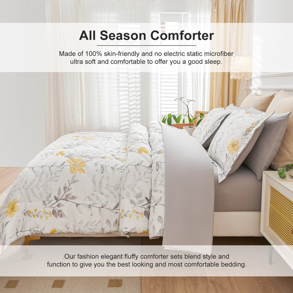 Fluffy Down Alternative 3 Piece Comforter Set Queen Yellow Floral Quilt Microfiber Patchwork Bedspread - All-Season Down Alternative Comforter Insert Detail
