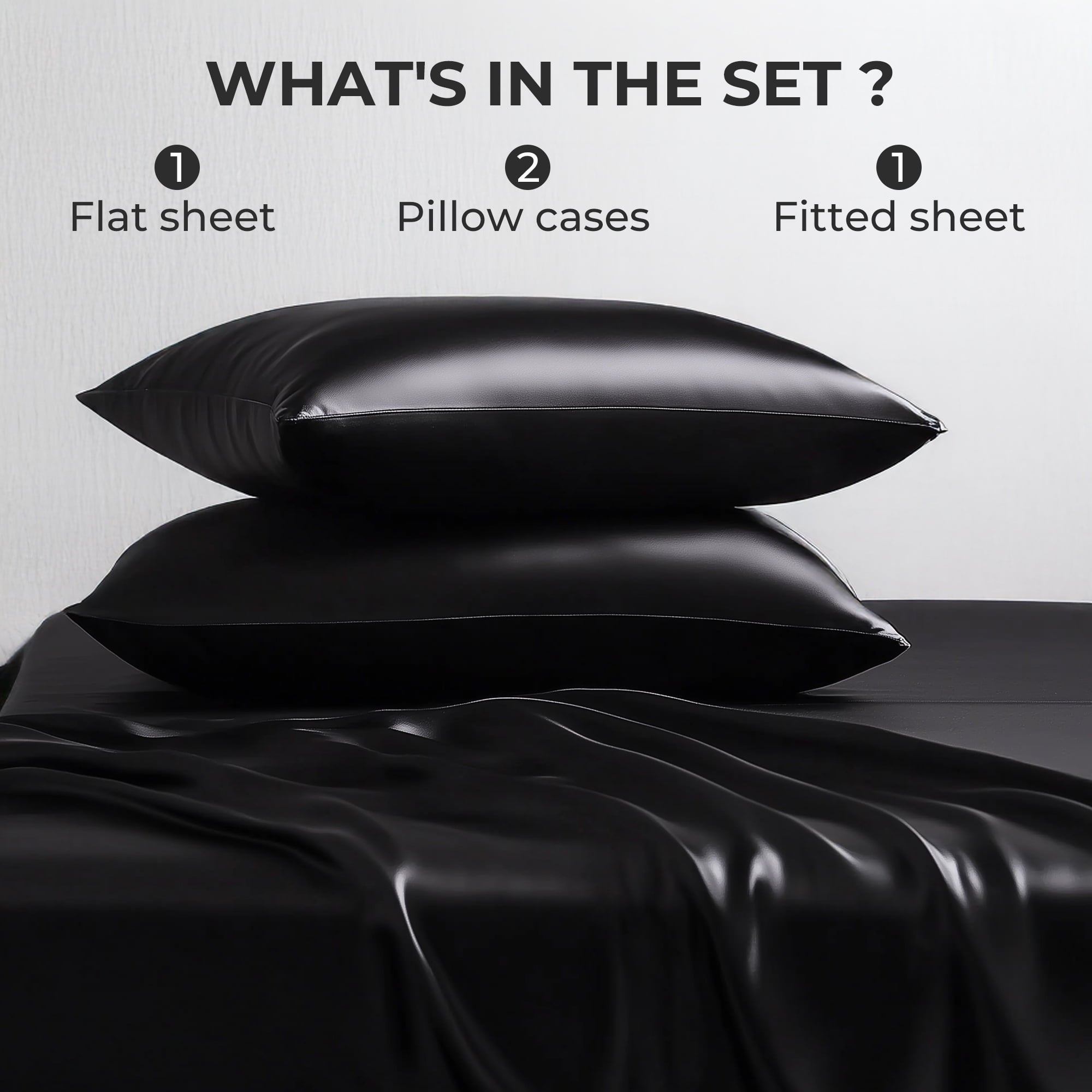 Wrinkle-Resistant Queen Silk Black Bed Sheet Set,4 Pieces 1800 Microfiber 2 Pillowcase 20"x30" - Premium Ultra-Soft Pillowcase Pair for Sleeping Detail