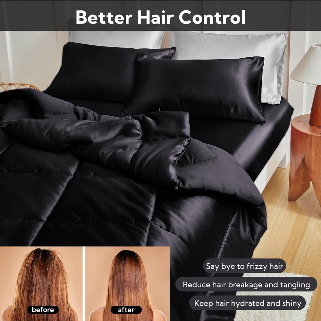 Heavyweight Warmth Reversible Satin Microfiber Comforter 3 Pieces Queen Size, Black Queen Comforter Set for All Seasons, Silky Soft Sati... - Cloud-Like Soft Lightweight Bed Comforter Detail