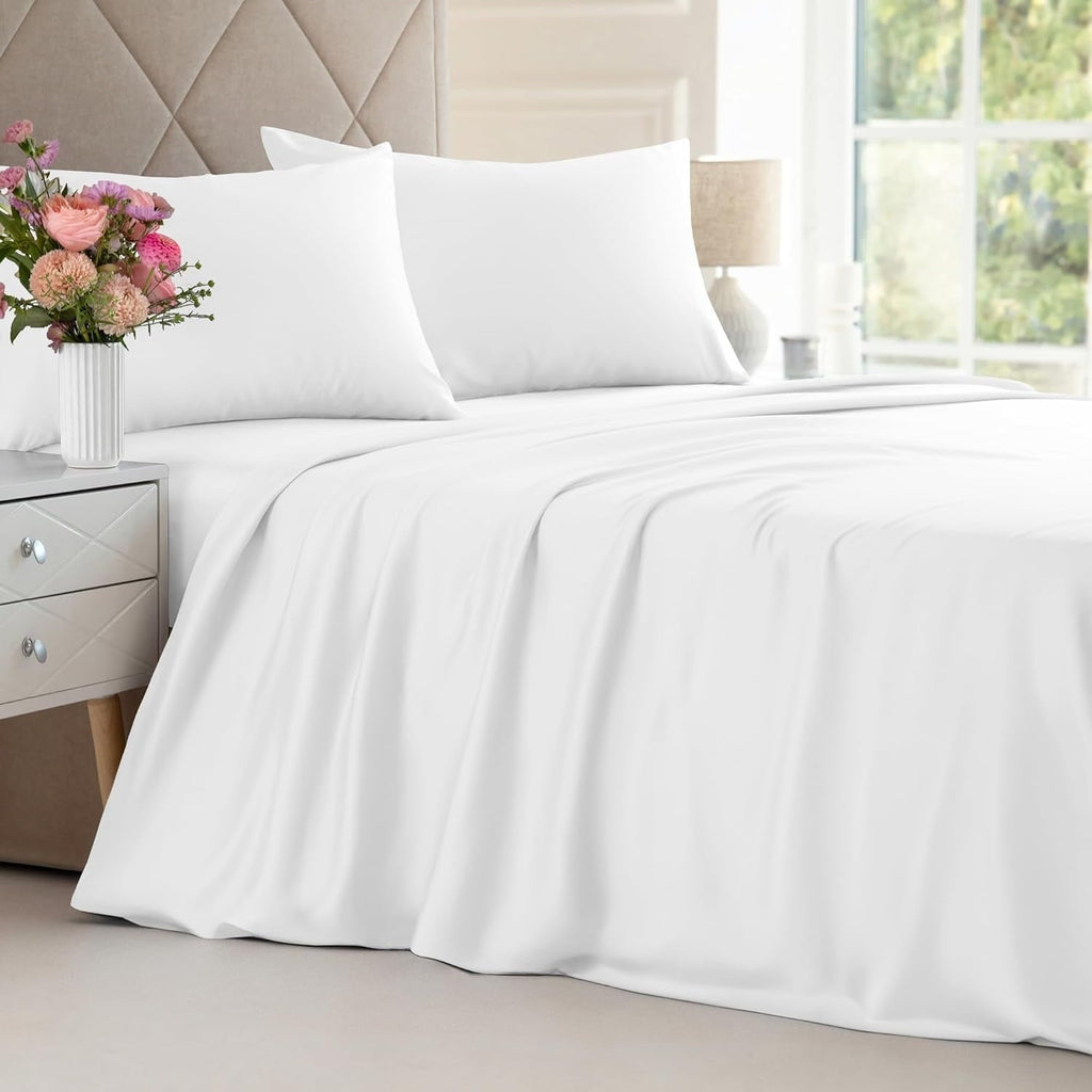 Ultra-Soft 4-Piece Luxury Bamboo Cooling Sheet Set - Queen Size 100% Bamboo Derived Rayon Premium Bed Sheets, White - Premium Ultra-Soft Pillowcase Pair for Sleeping - Default Title