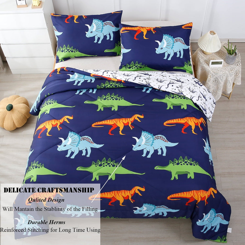 Luxurious Quilted 3 Pcs Dinosaur Twin Size Bedding Sets for Boys, Dinosaur Printing Boys Comforter Set, Blue and White Reversible Bed C... - Cloud-Like Soft Lightweight Bed Comforter Detail