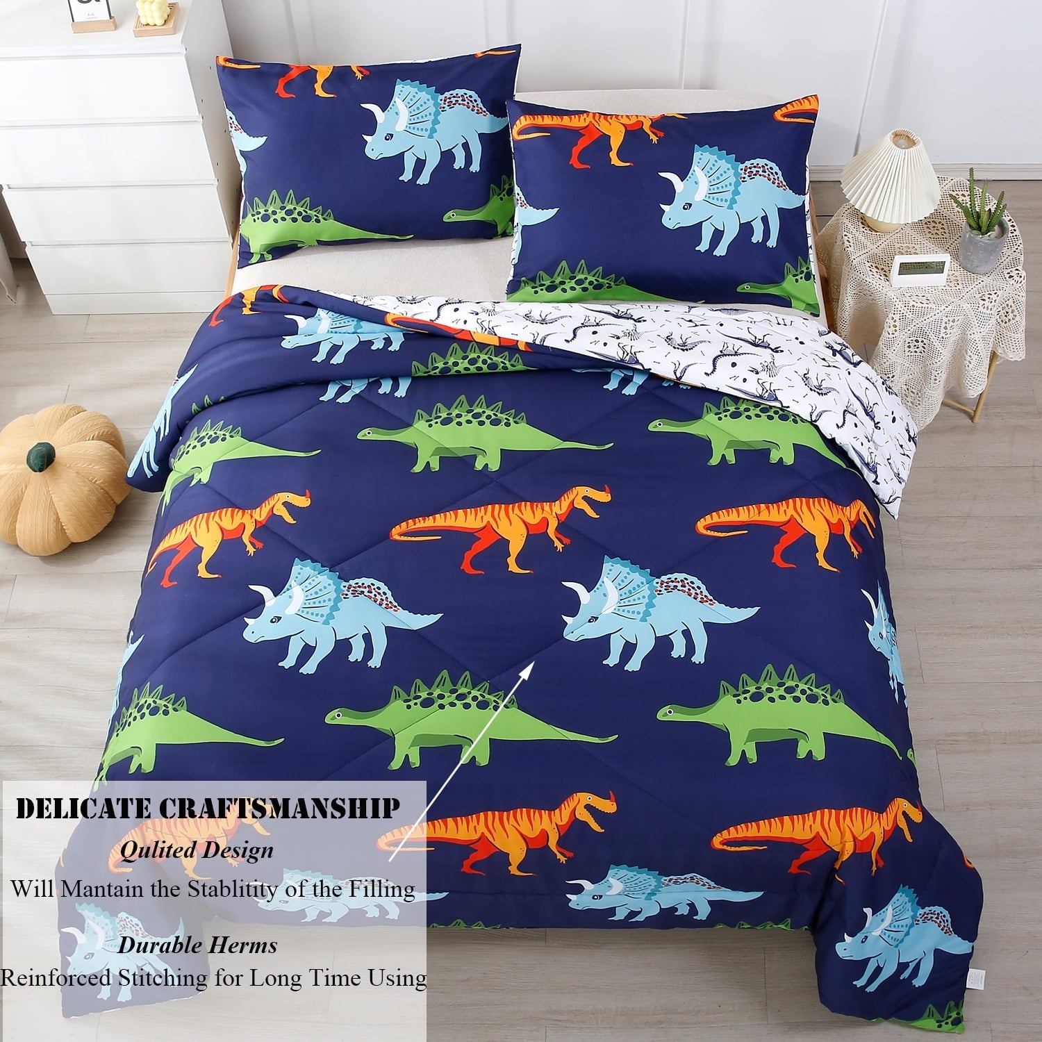 Luxurious Quilted 3 Pcs Dinosaur Twin Size Bedding Sets for Boys, Dinosaur Printing Boys Comforter Set, Blue and White Reversible Bed C... - Cloud-Like Soft Lightweight Bed Comforter Detail