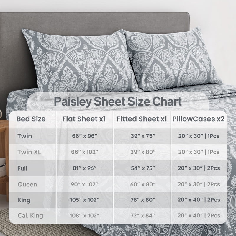 Breathable Luxury Lux Decor 4 Piece Queen Sheet Set, Brushed Microfiber Paisley Printed Bed Sheet Set with up to 16" Deep Pocket Fitted... - Luxury Bed Sheet Set with Deep Pockets Detail