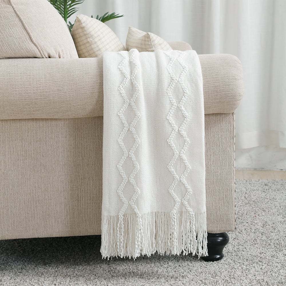 Super Soft Flannel Fluffy Chenille Knitted Fringe Throw Blanket, Lightweight Soft Cozy Bed Sofa Chair Blanket, White, 50" x 60" - Super Soft Reversible Sherpa Flannel Blanket Detail