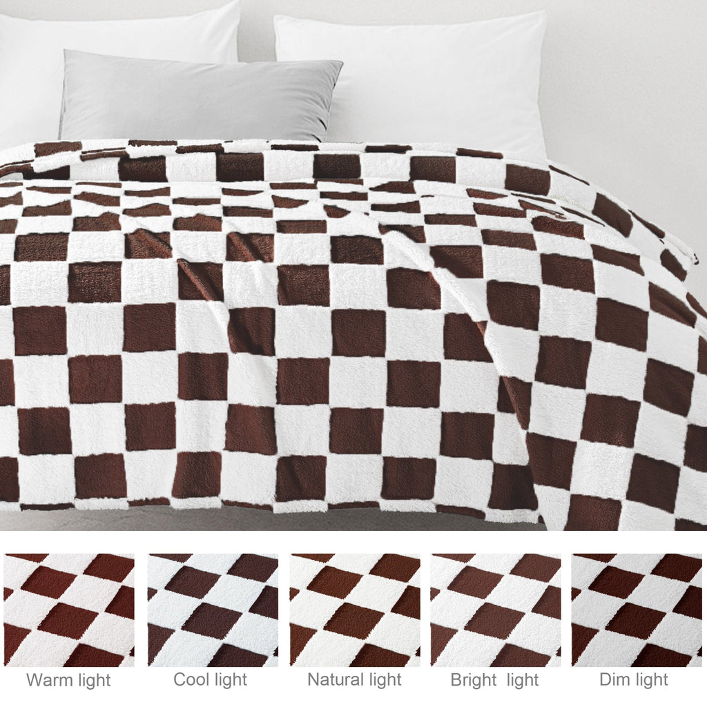Decorative Knitted Checkered Throw Blanket, Super Soft and Warm Fluffy Fleece Blanket for Couch, Sofa, Bed, Cute Plaid Pattern, Coffee, ... - Super Soft Reversible Sherpa Flannel Blanket Detail