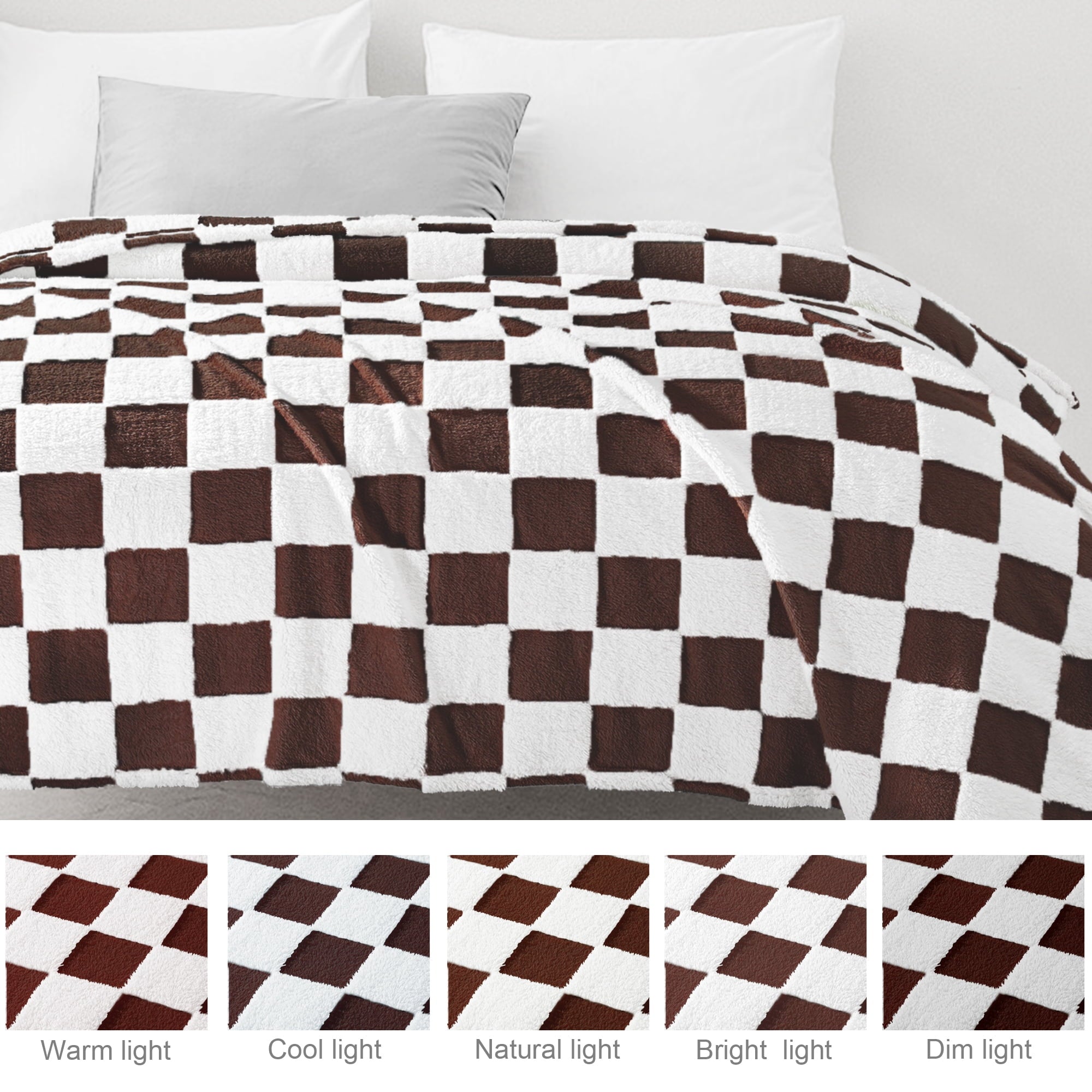Decorative Knitted Checkered Throw Blanket, Super Soft and Warm Fluffy Fleece Blanket for Couch, Sofa, Bed, Cute Plaid Pattern, Coffee, ... - Super Soft Reversible Sherpa Flannel Blanket Detail