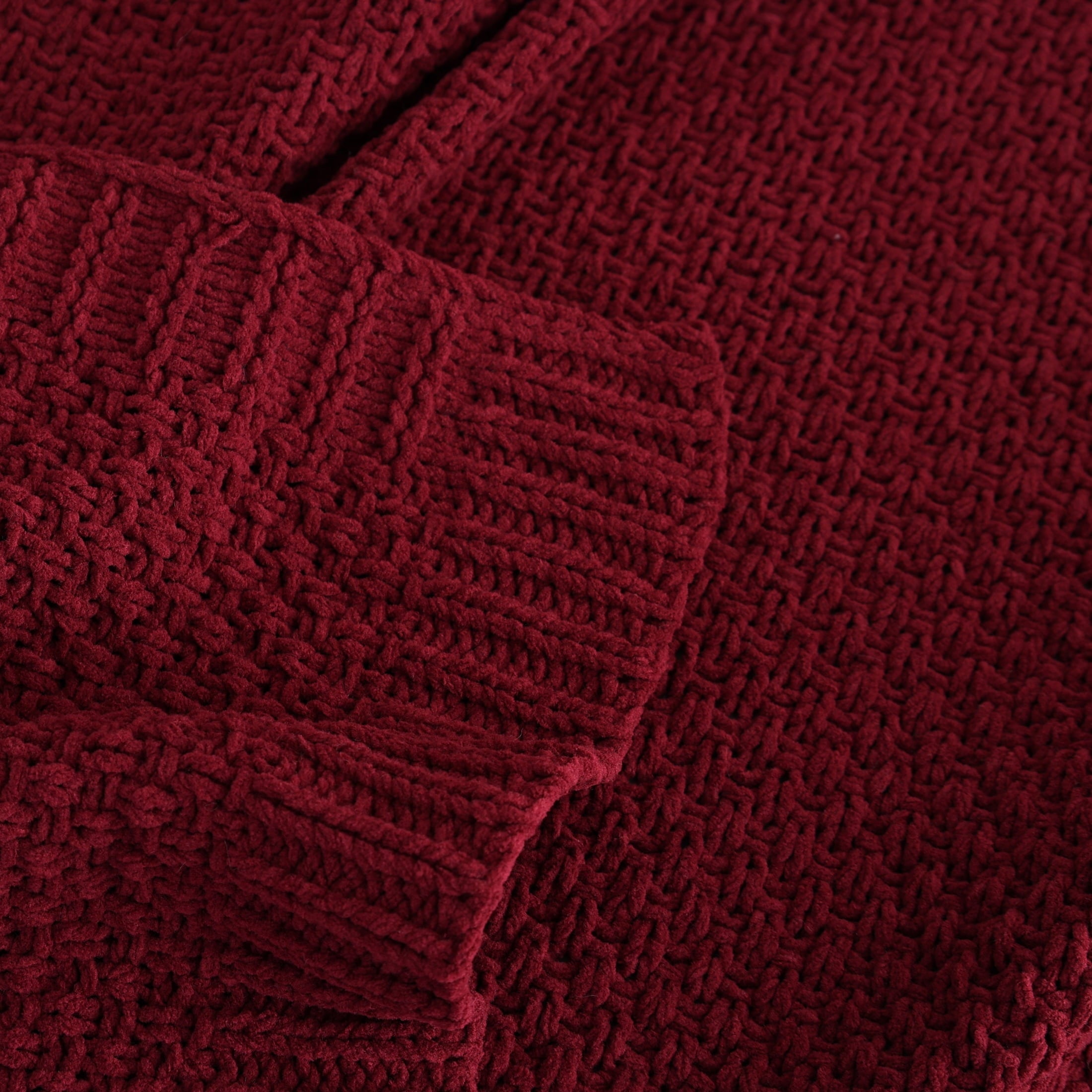 Lightweight Warm Chenille Knit Super Soft Oversized Throw Blanket, Merlot Wine - Luxury Knitted Decorative Throw Blanket with Fringes Detail