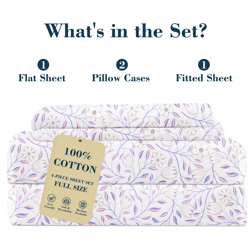 Ultra-Soft 100% Cotton Full Size Sheets,4 Piece Pure Percale Bed Sheets Set Deep Pocket Fits Mattress Upto 15",floral vine pattern - Breathable Egyptian Cotton Flat & Fitted Sheets Detail