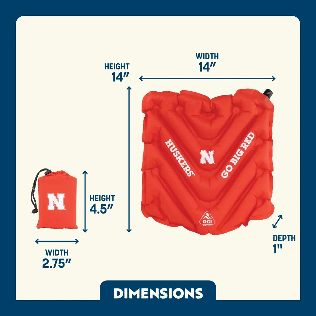 Bleacher-Friendly College V Seat Inflatable Stadium Cushion - Nebraska Cornhuskers - Choice 277 - Grandstand Cushion Seat with Secure Under-Bench Hooks Detail