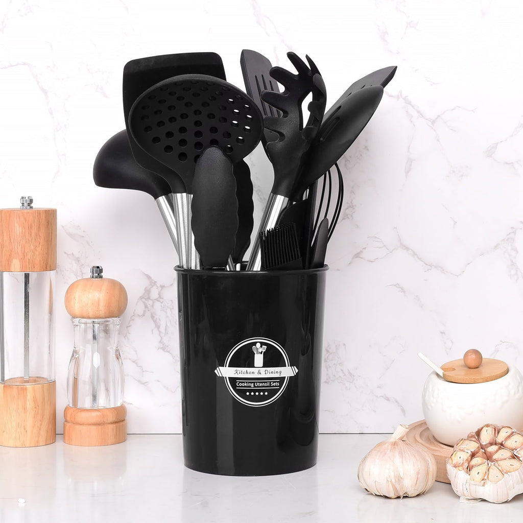 Durable Steel Silicone Cooking Utensils Set, 26 Pcs, Heat Resistant Kitchen Utensils Set, Black - High-Precision Culinary Tool for Baking & Cooking Detail