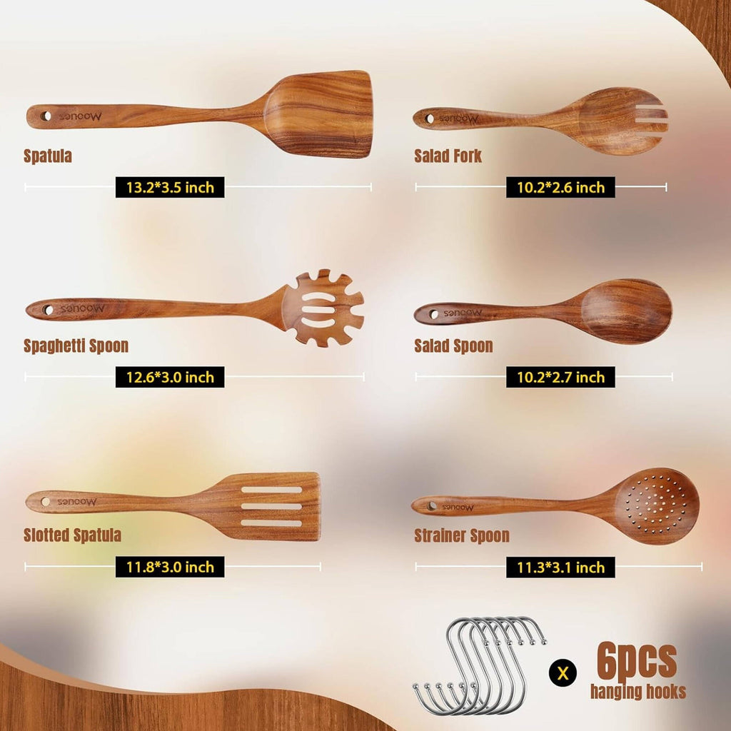 Non-Stick Safe 6-Piece Natural Teak Wooden Spoons for Cooking With 10 Hooks，Handcrafted Kitchen Utensils Set ，Ideal Gift Set - Heat-Resistant Silicone Cooking Spatula Turner Detail