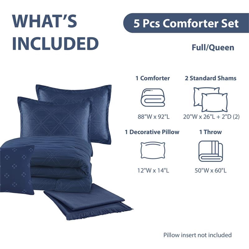 Heavyweight Warmth 5-Piece Reversible Comforter Set Navy Cross Stitch Bedding with Decor Pillow and Throw, Full/Queen - Cloud-Like Soft Lightweight Bed Comforter Detail